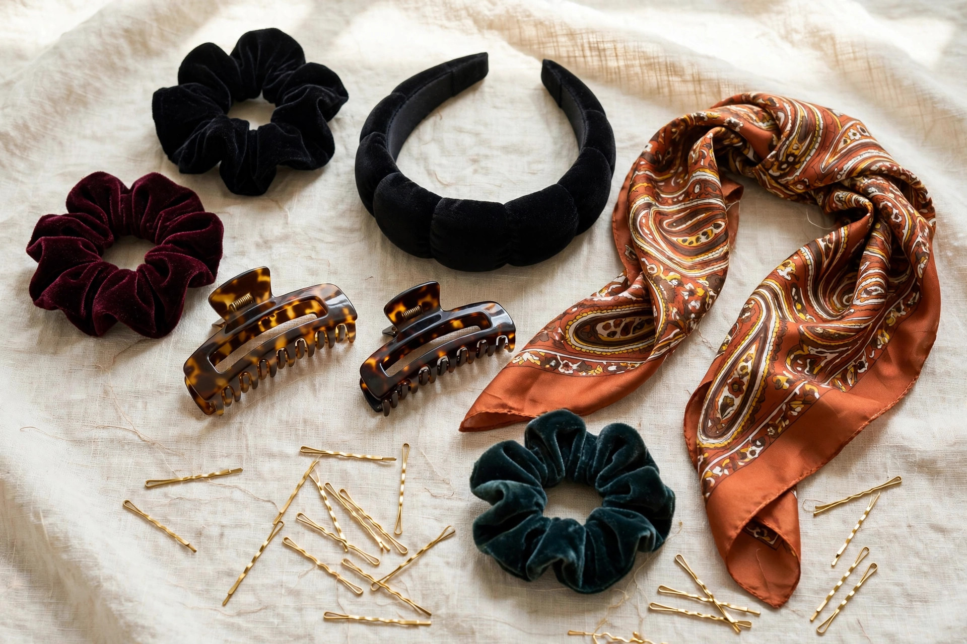 Flat lay of 90s hair accessories including claw clips, velvet scrunchies, padded headband and silk scarf on cream linen