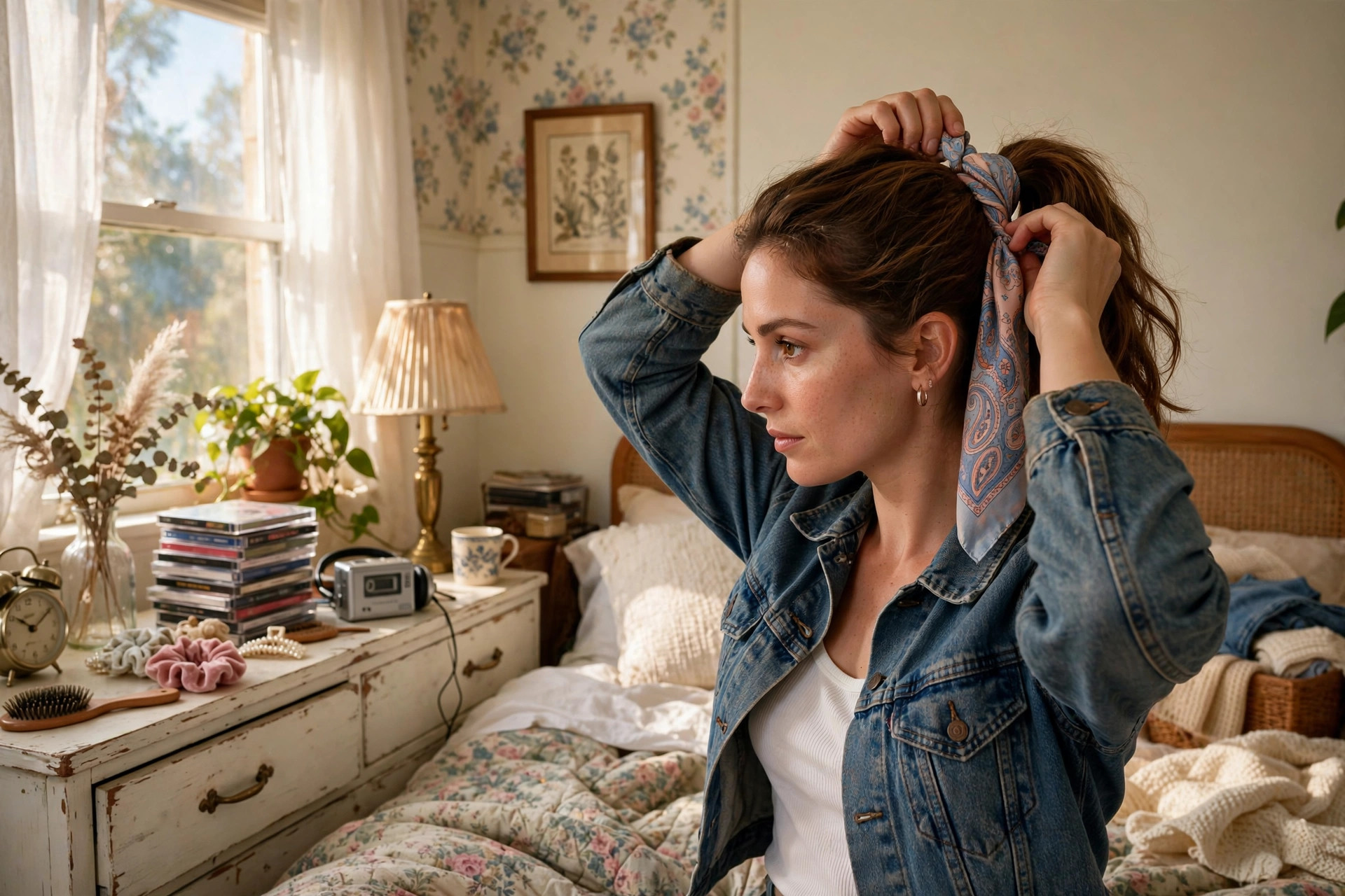Woman tying a patterned silk scarf into her ponytail in a retro 90s style in a bright bedroom
