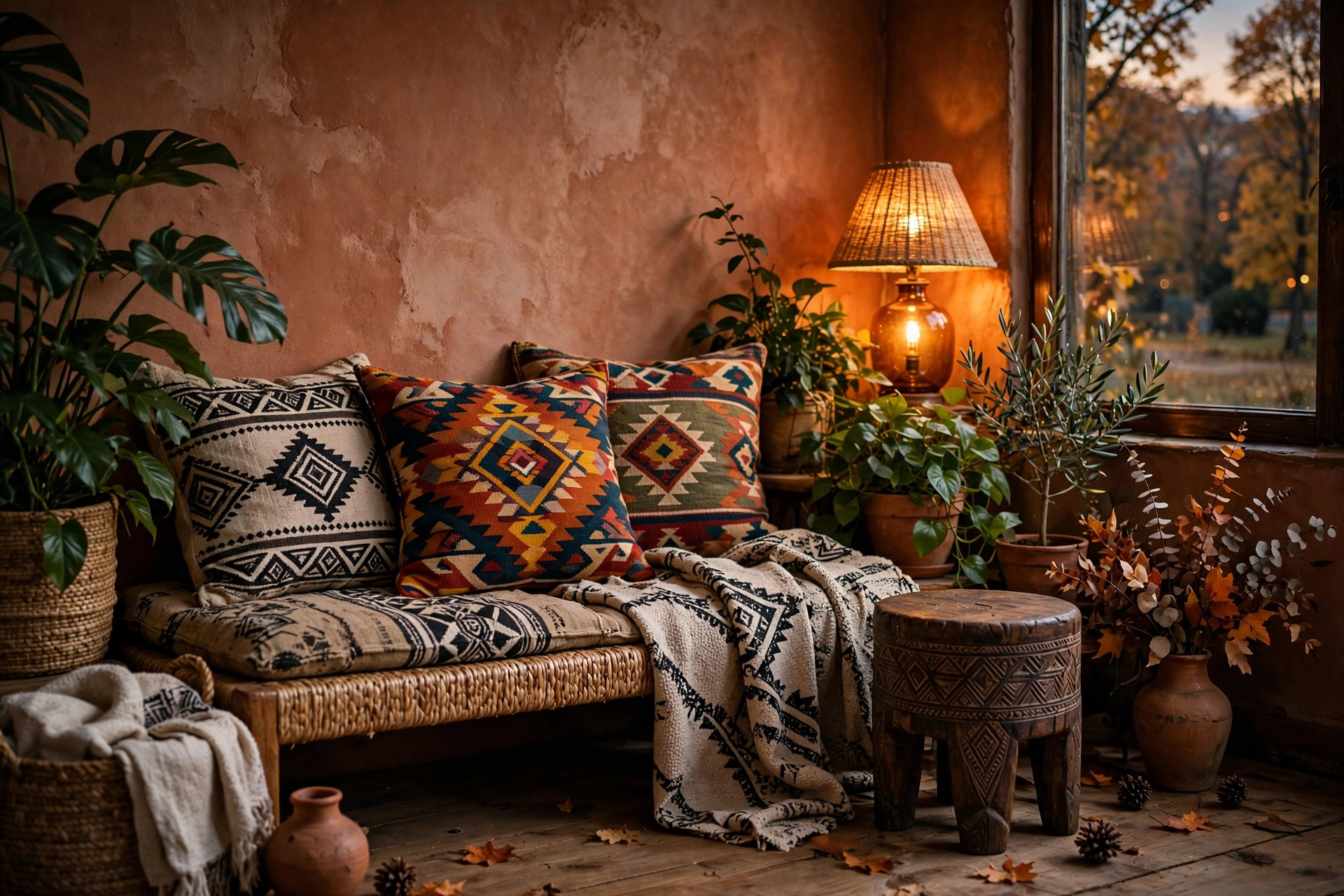 Wide landscape photo of a styled afrohemian reading nook with layered mudcloth and kilim cushions on a low woven bench, carved wooden side stool, leafy indoor plants, warm amber lamplight against a terracotta wall, cosy fall evening atmosphere, no text in image