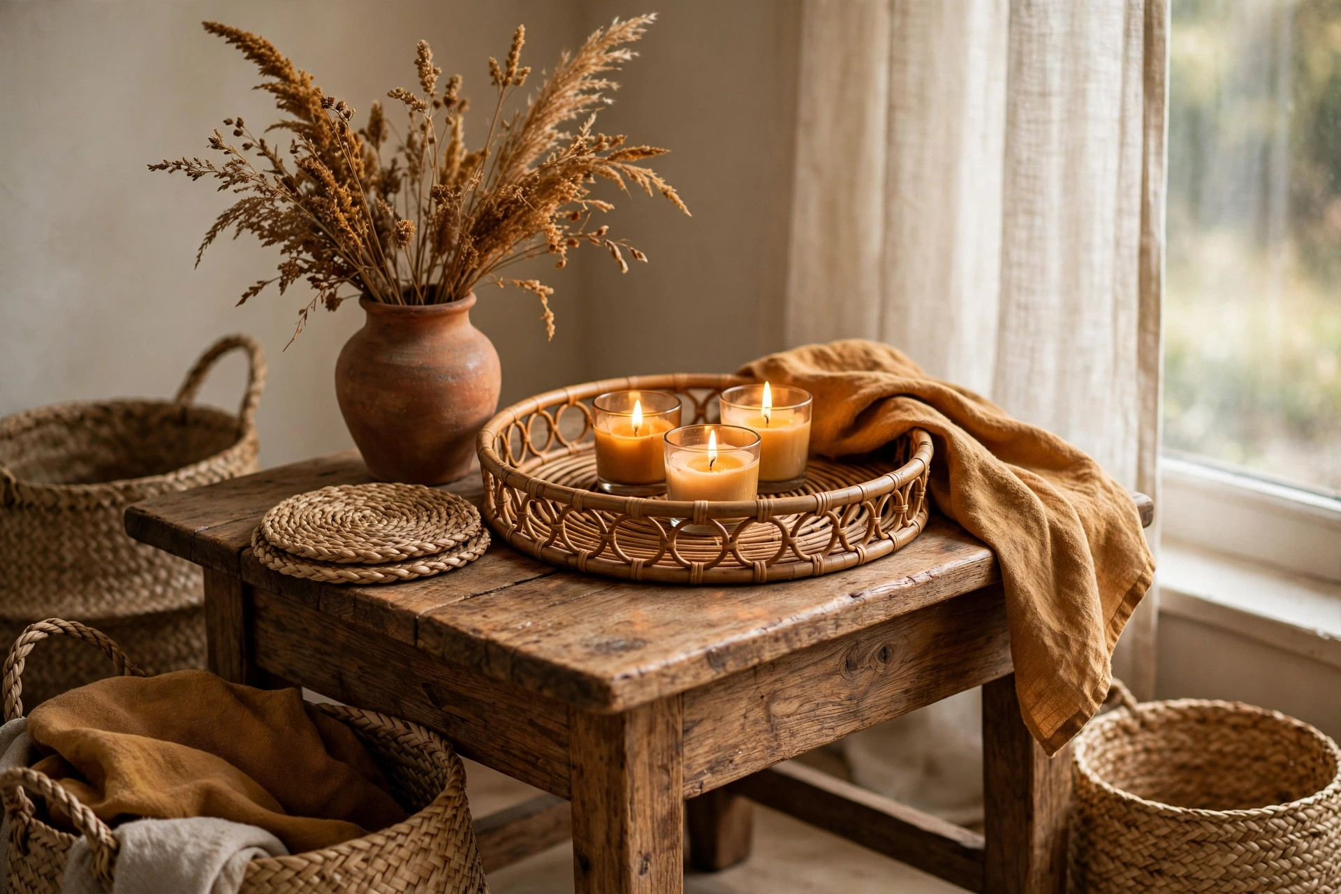 Wide landscape photo of natural fibre decor details on a wooden side table, woven seagrass baskets, a round rattan tray, dried grasses in a terracotta vase, small amber candles lit, warm brown and ochre tones in soft window light, no text in image