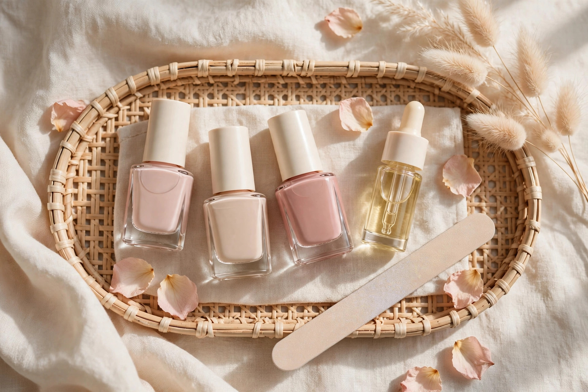 Nail polishes, file and cuticle oil arranged on a tray, at-home manicure salon results