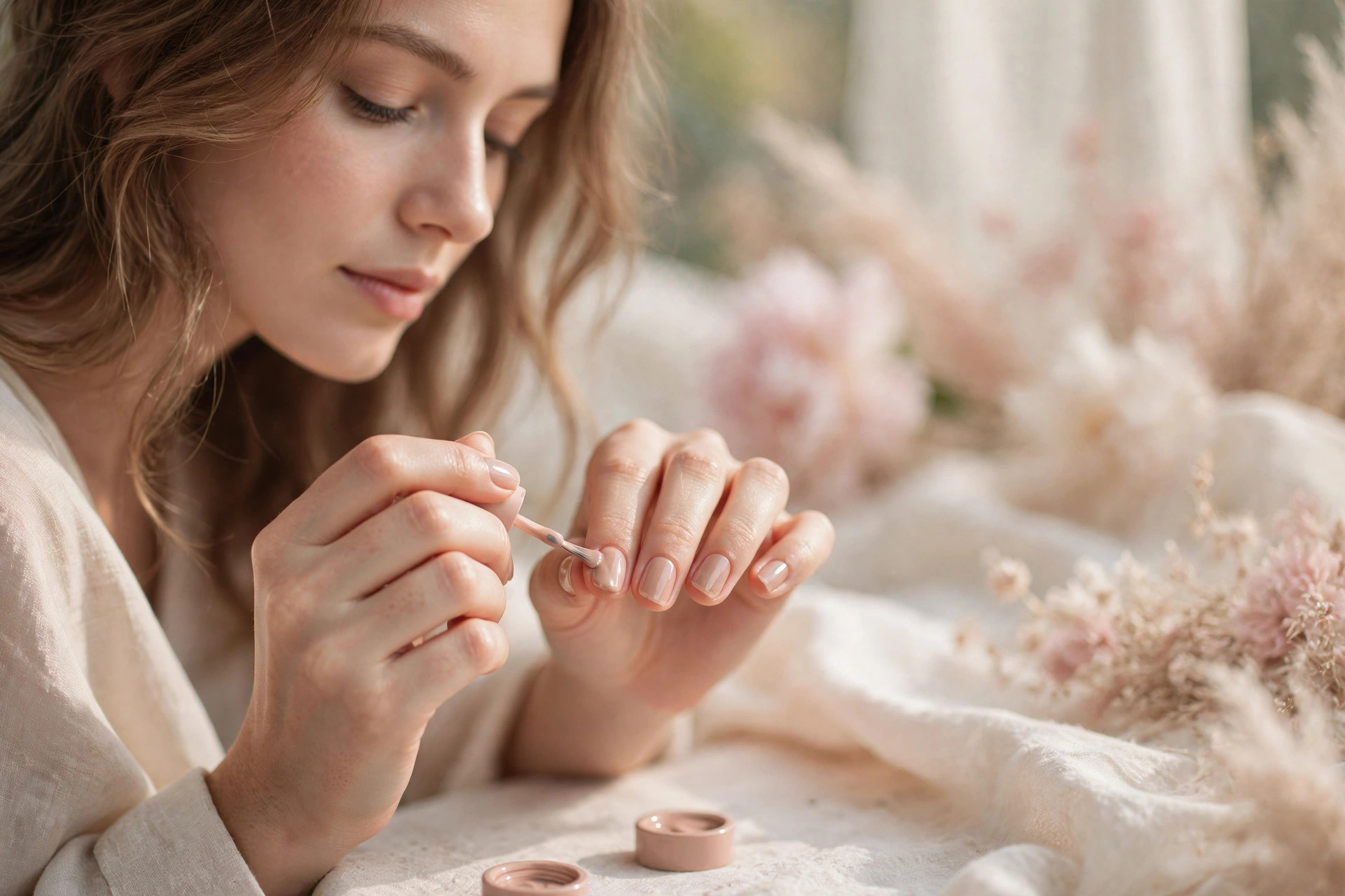 Close-up of painting nails with polish, at-home manicure salon results