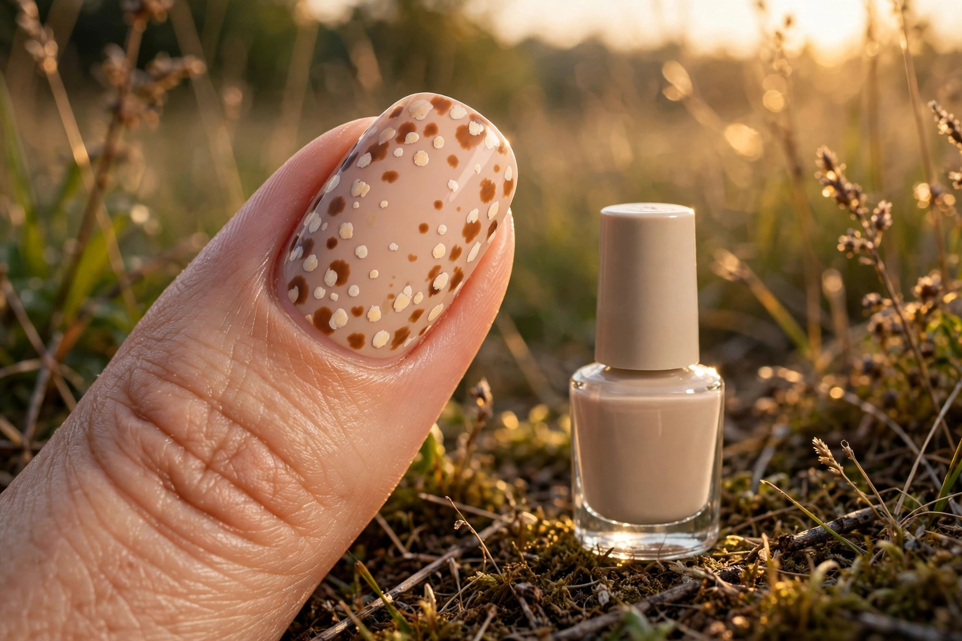 A photorealistic landscape-oriented macro photograph of a single fingernail painted with a delicate bambi deer-print pattern in cream and warm brown spots on a nude base, held beside a small bottle of beige nail polish in warm golden-hour light; wide composition, no text or words in the image.
