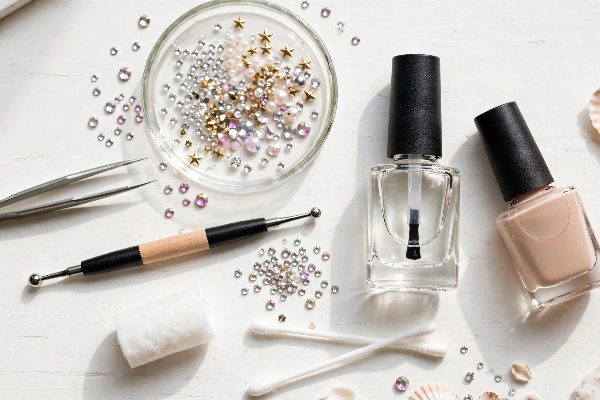 Flat lay of DIY nail art supplies including rhinestones, tweezers, dotting tool and top coat on a white table