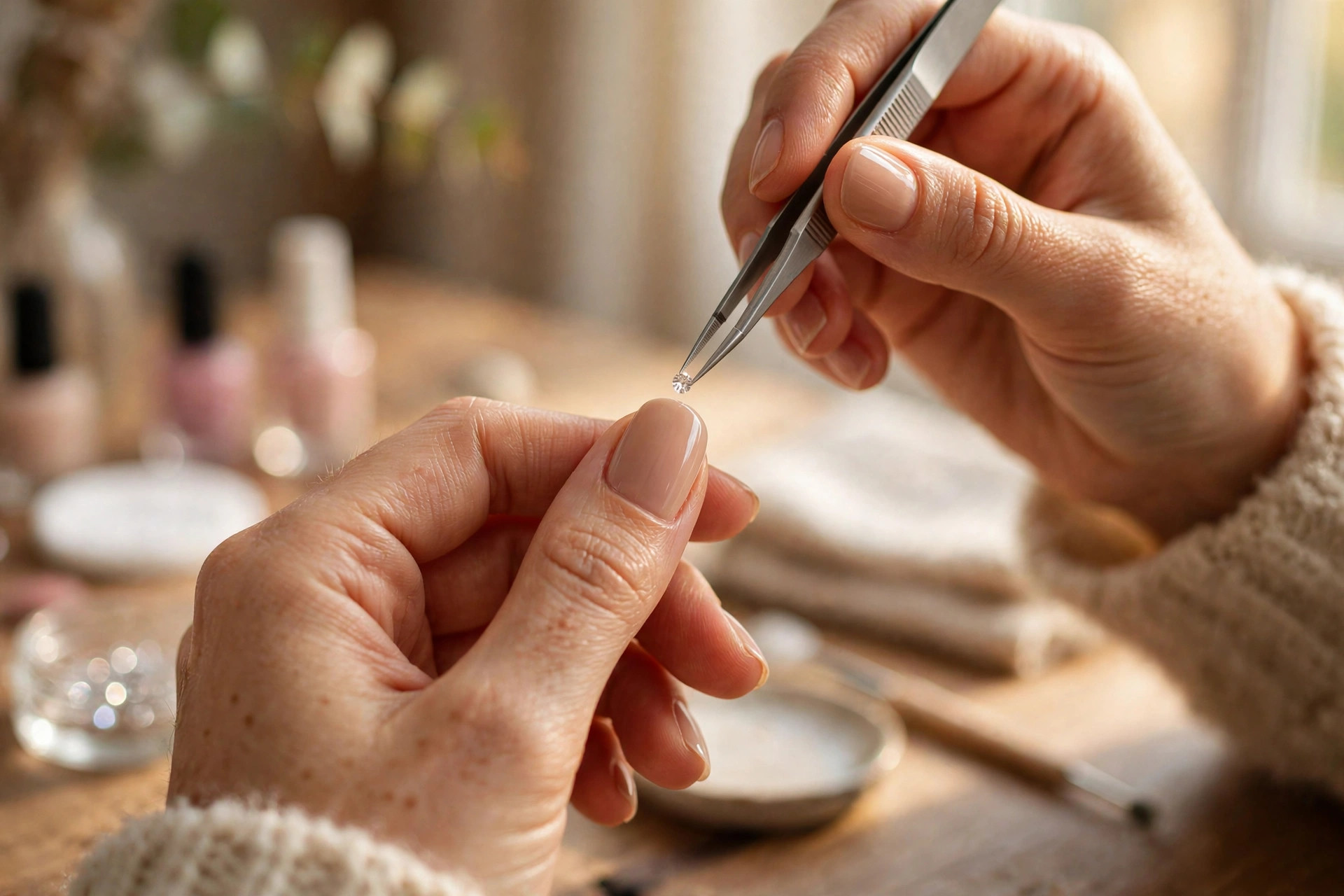 Woman placing a tiny gem onto her nail with tweezers during a DIY bedazzled manicure at home