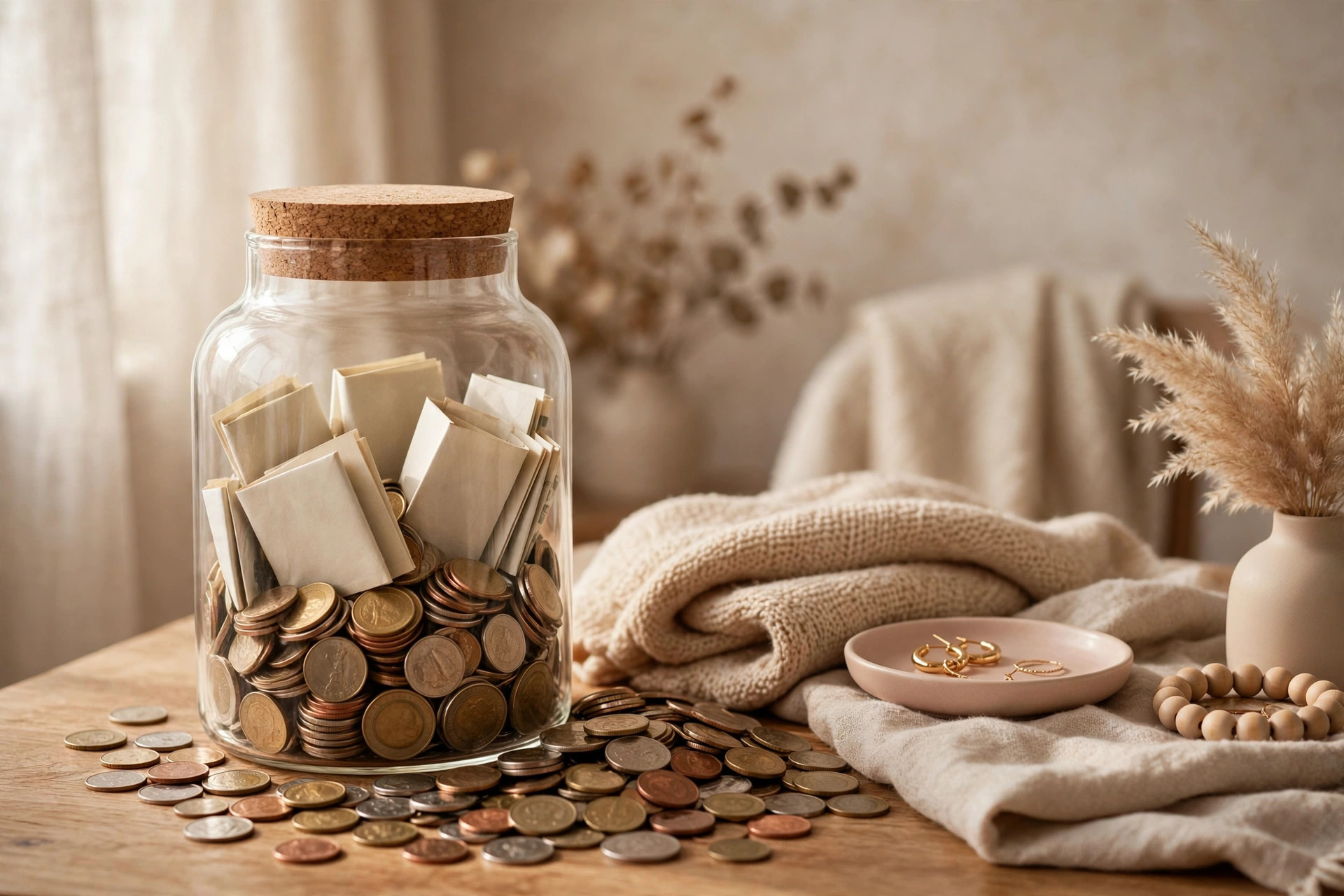 Simple savings jar with coins for learning how to budget in your 20s