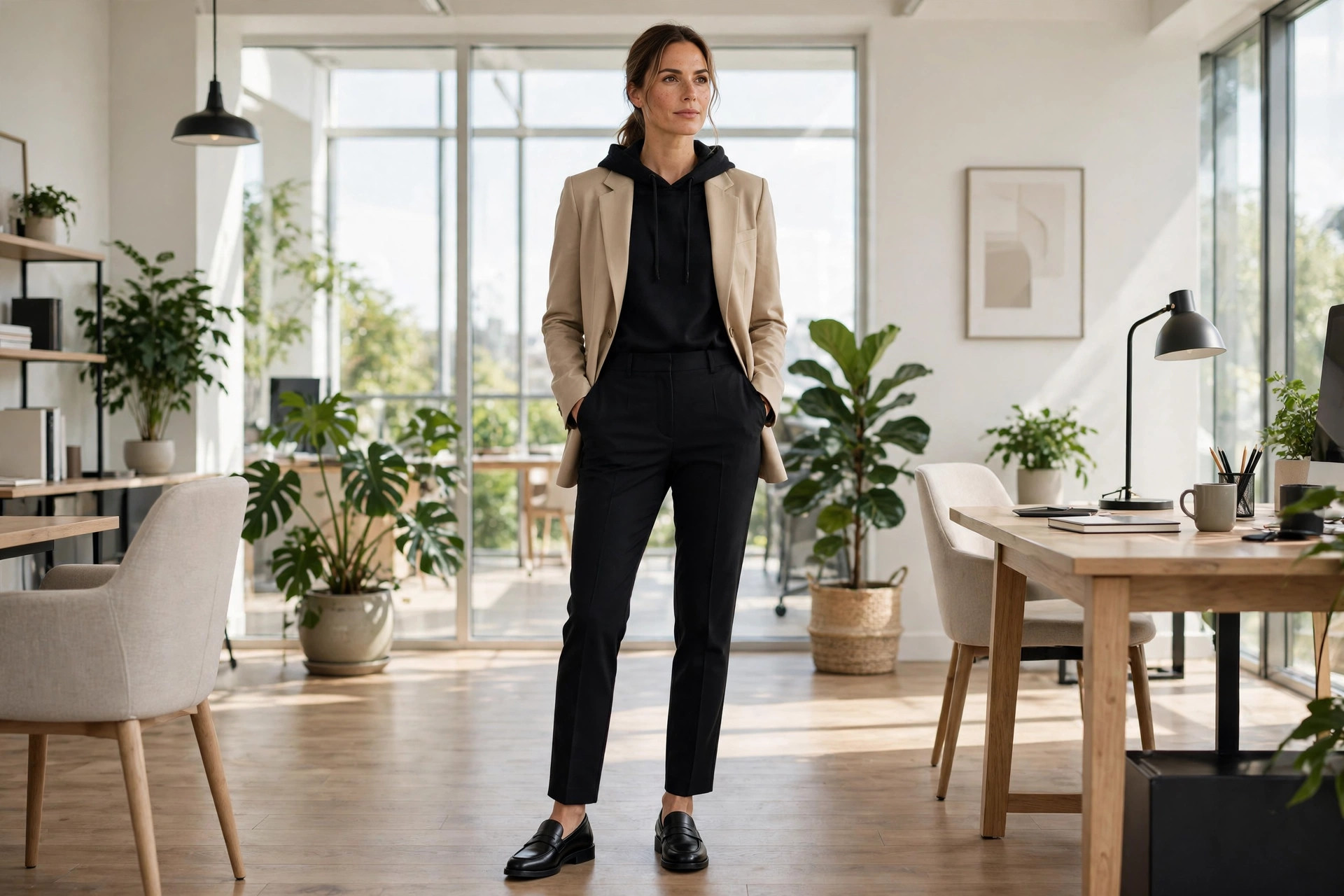 Woman wearing a black hoodie under a tailored blazer with trousers and loafers