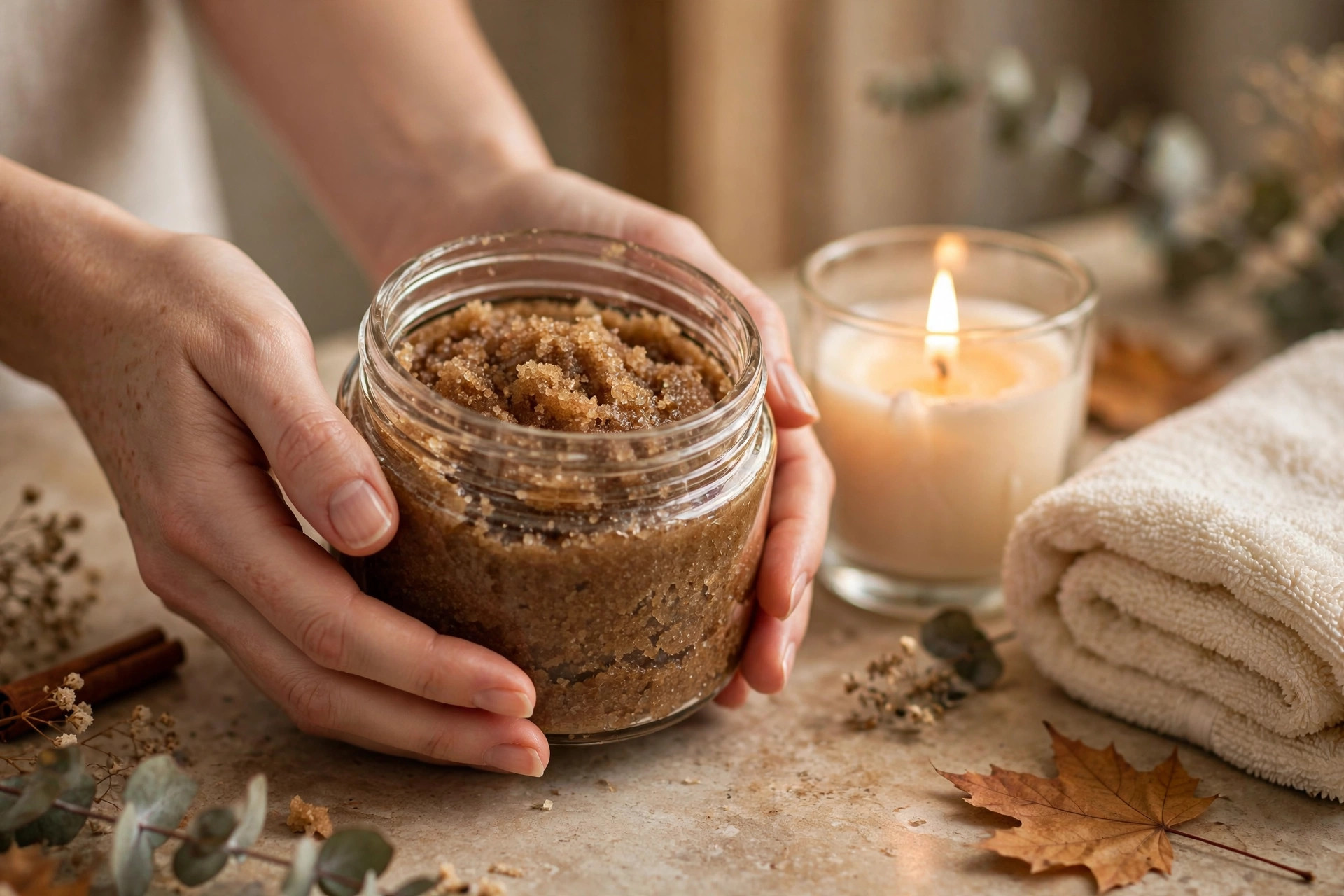 Hands holding an open jar of natural body scrub on a bathroom counter with a candle and folded towel nearby