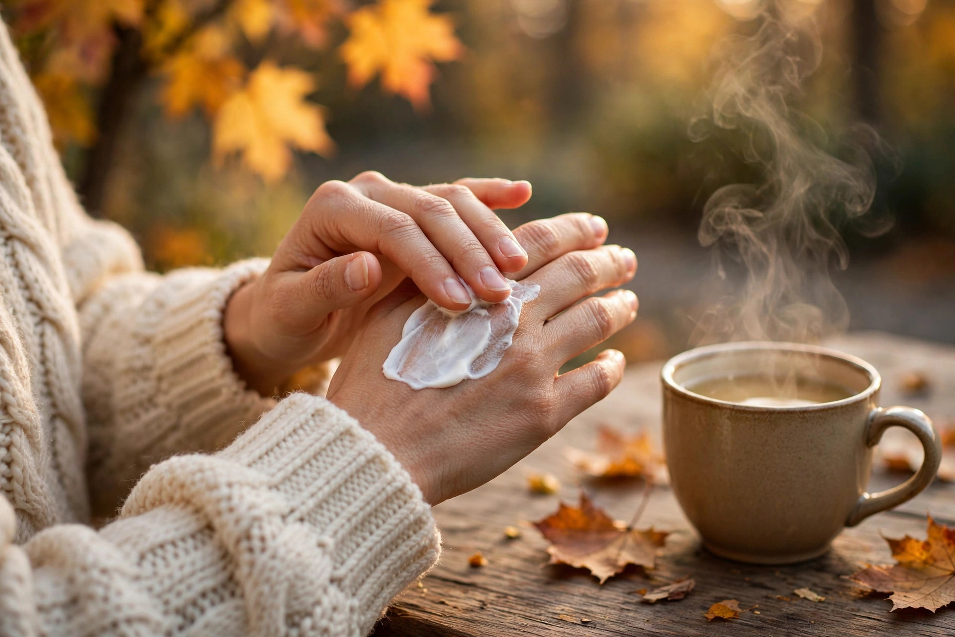 Woman's hands rubbing thick hand cream into dry skin, wearing a cozy knit sweater, with a warm cup of tea on a wooden table
