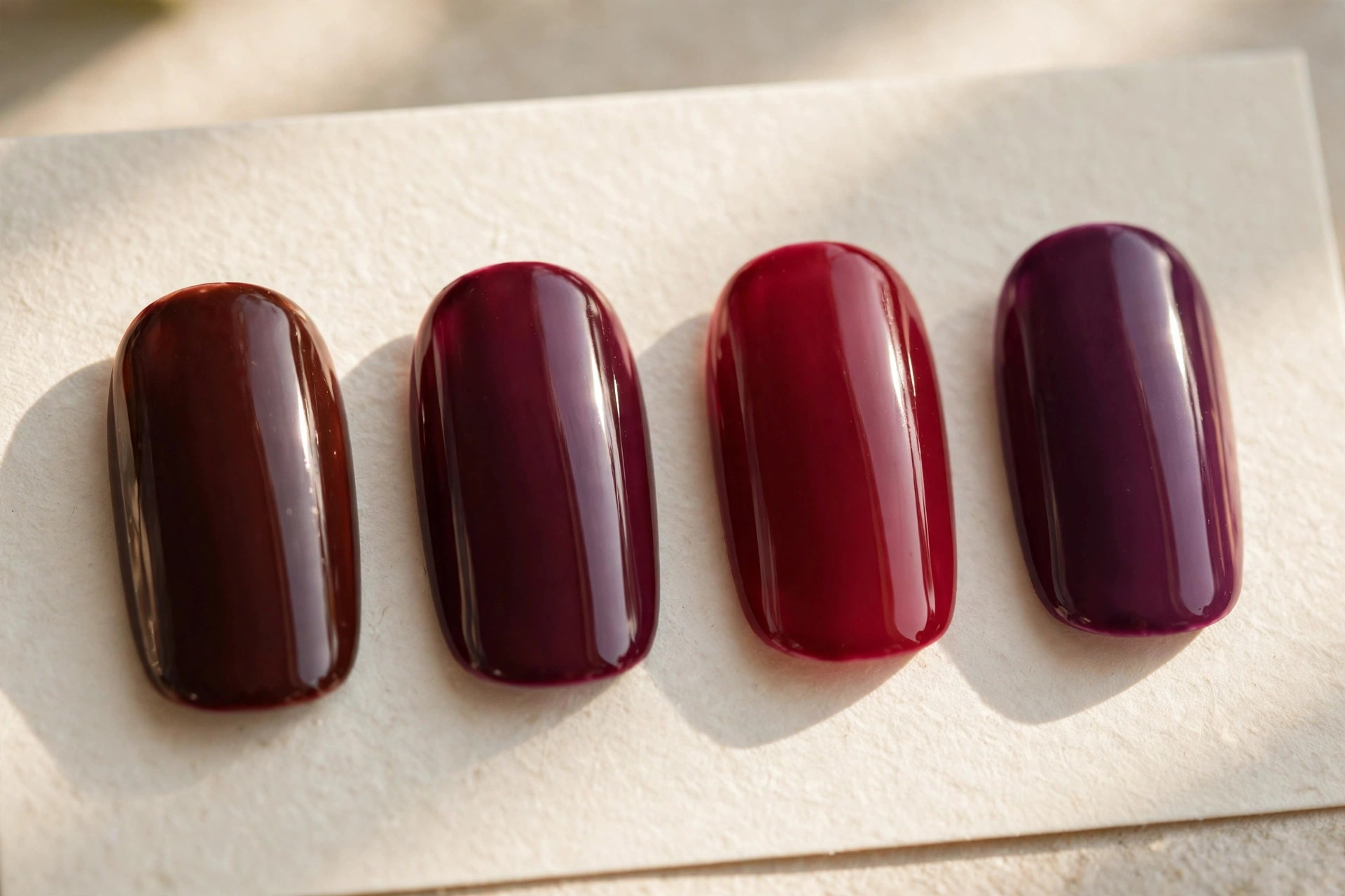 Close-up of burgundy nail polish shade swatches in oxblood, merlot, cherry wine and plum on false nail tips.
