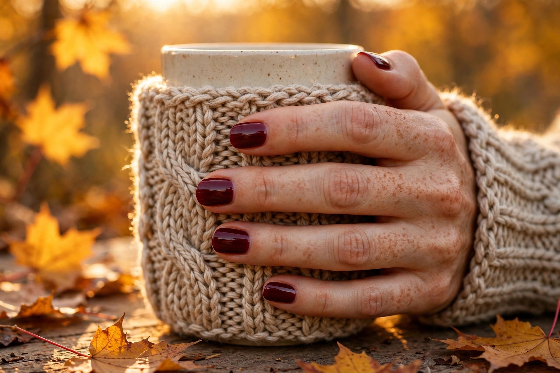 A hand with glossy burgundy nails wrapped around a knitted ceramic mug in golden autumn light.