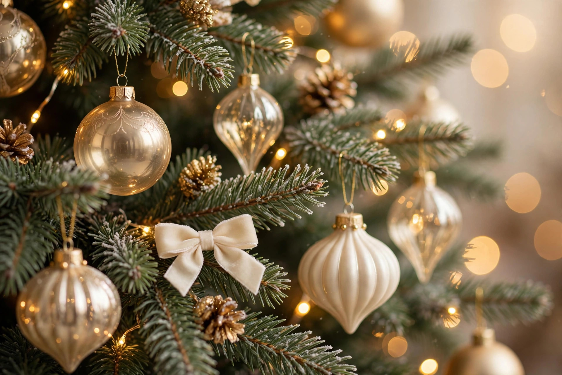 Close-up of Christmas tree branches with gold, cream and champagne ornaments and fairy lights