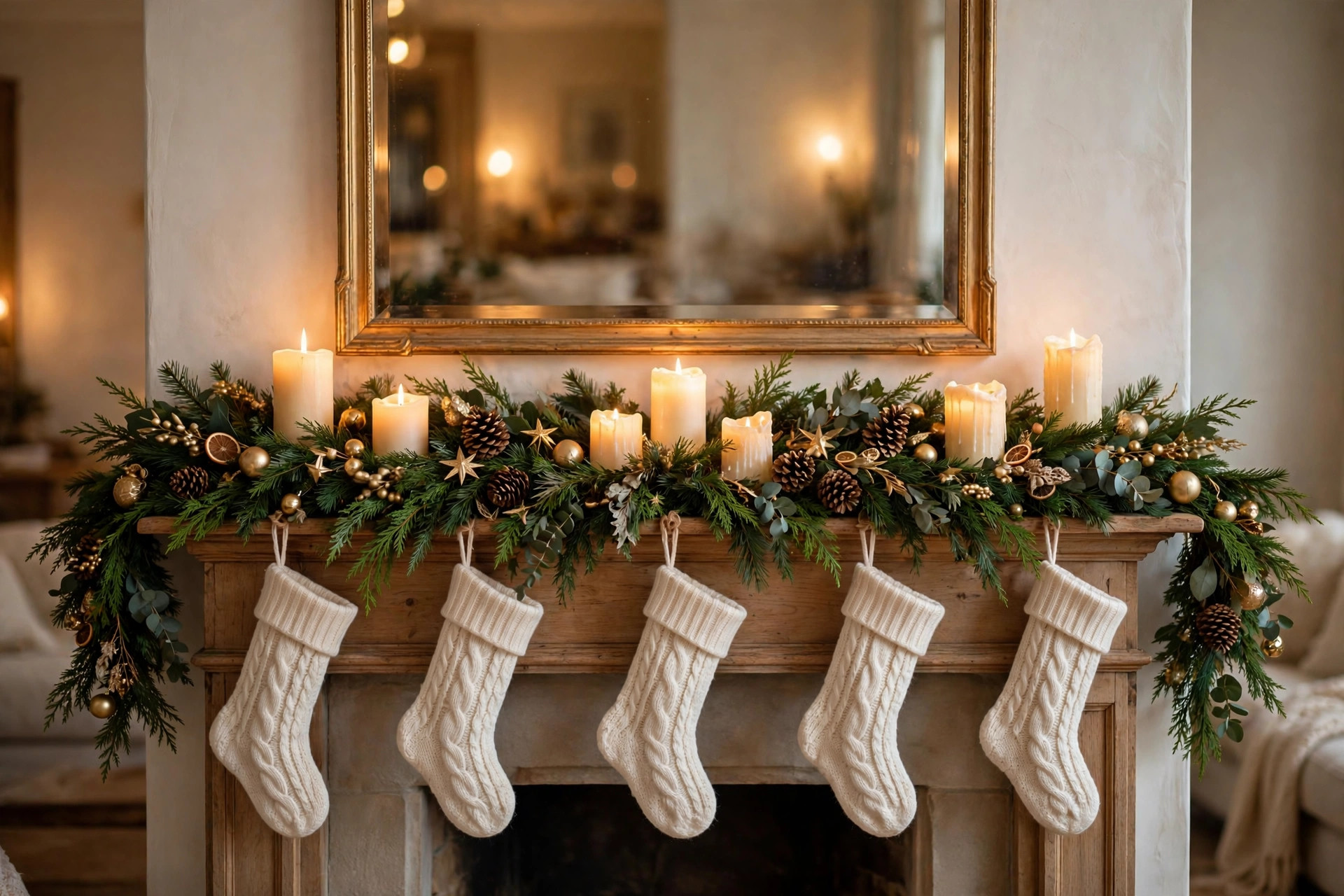 Cozy Christmas mantel with green garland, cream stockings, candles and pinecones