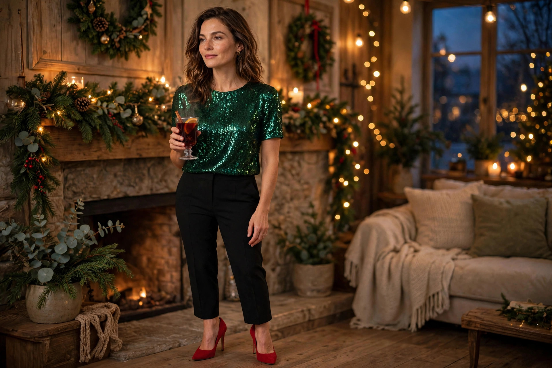 A woman in a festive Christmas outfit — emerald green sequin top, black tailored trousers, red heels — holding a glass of mulled wine in a room decorated with Christmas lights and garlands.