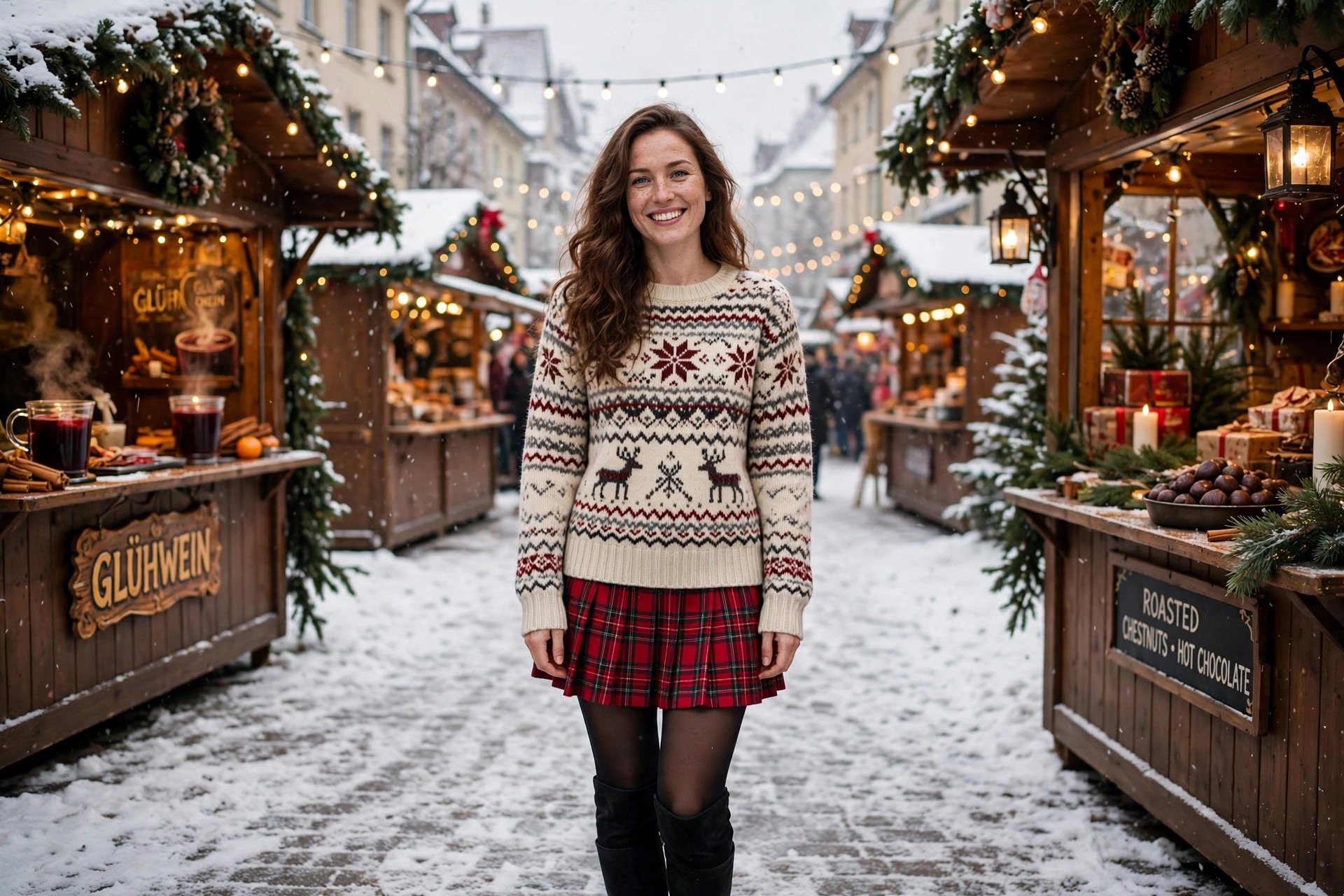 A smiling woman in a cosy Christmas outfit — cream Fair Isle knit jumper, red plaid pleated mini skirt, black tights, knee-high boots — in a snowy street with Christmas market stalls behind her.