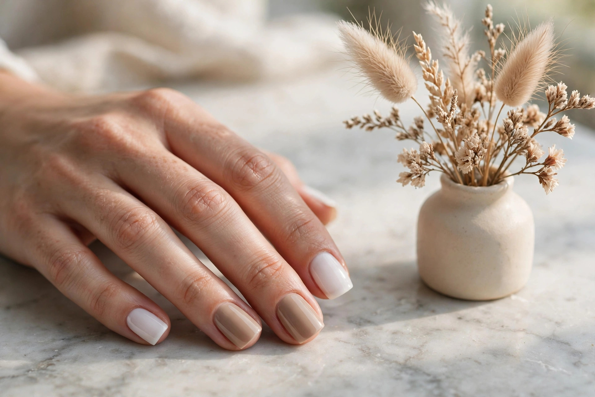 Close-up of elegant milky white and beige acrylic nails on a marble surface with dried flowers