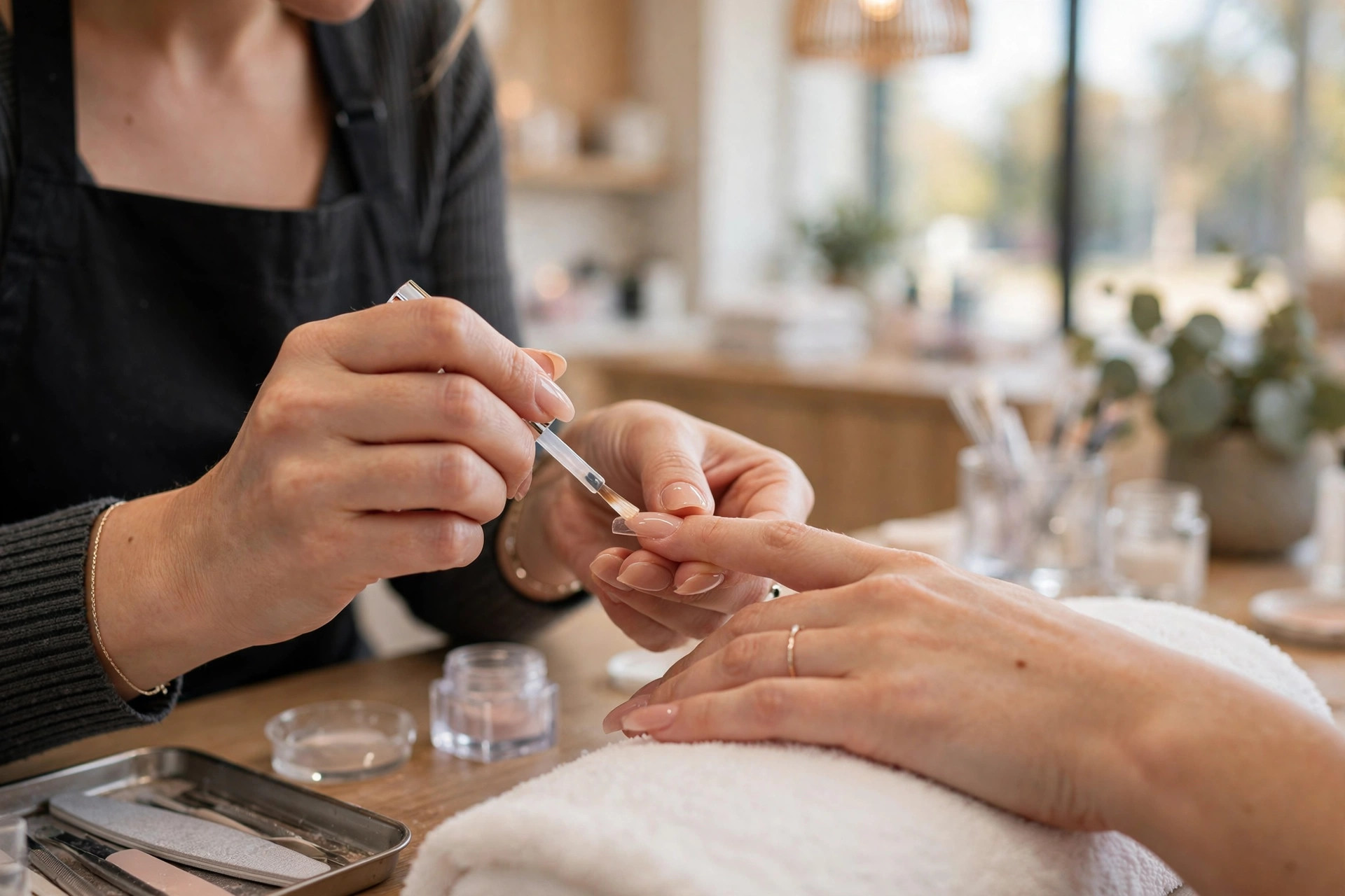Nail technician applying elegant nude acrylic nails to a client in a bright modern salon