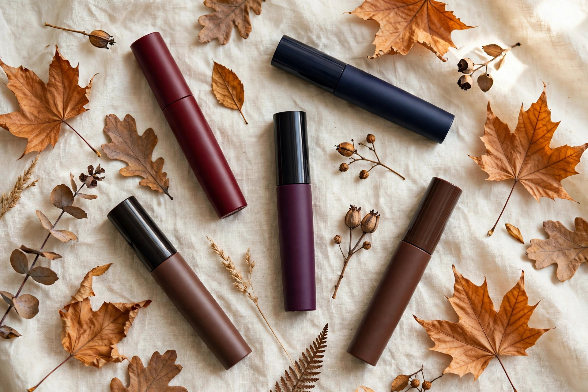Coloured mascara tubes in burgundy, navy, plum and brown arranged on a cream surface with dried autumn leaves in soft daylight