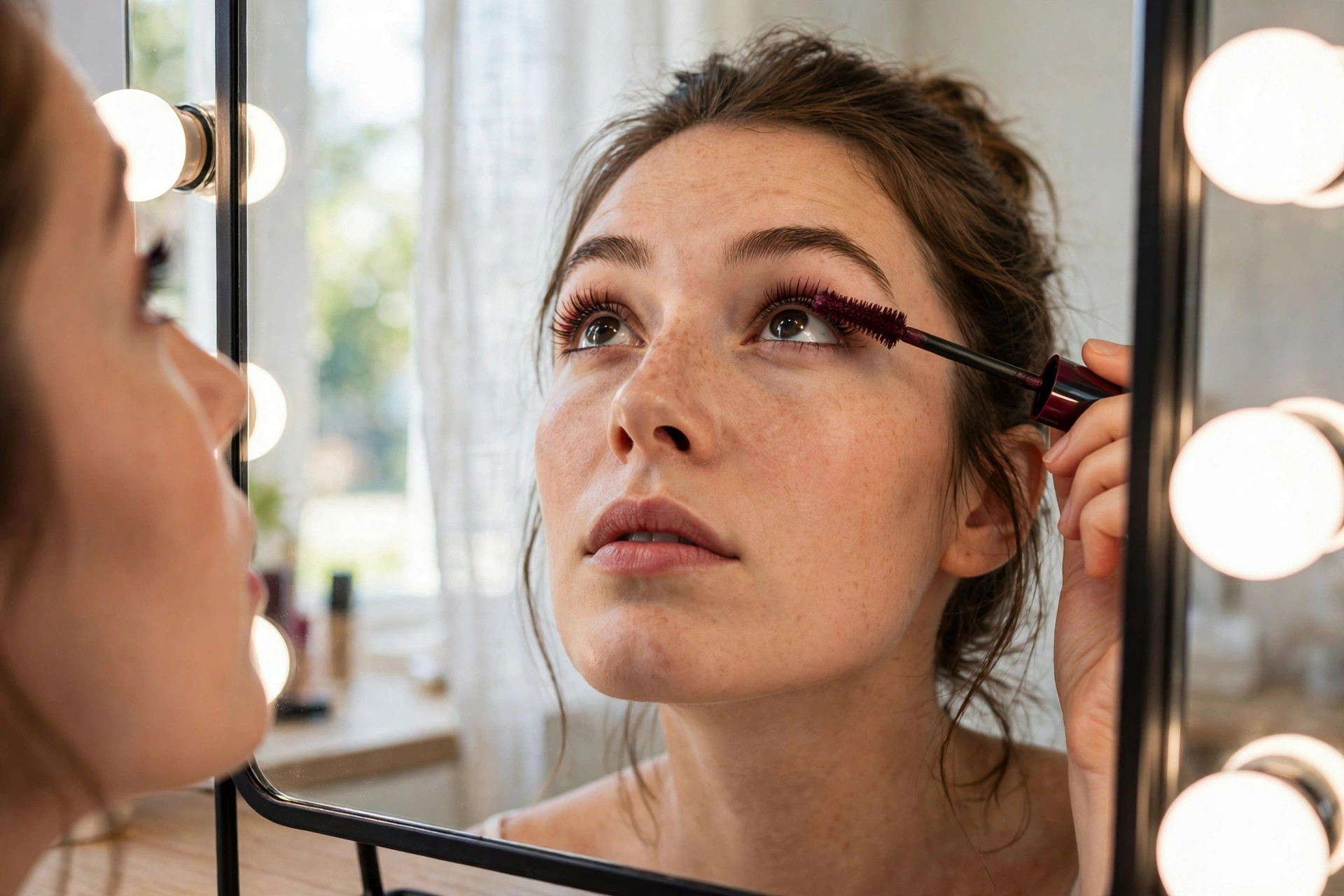 Woman applying burgundy mascara to her upper lashes with a wand in front of a bright vanity mirror in natural daylight
