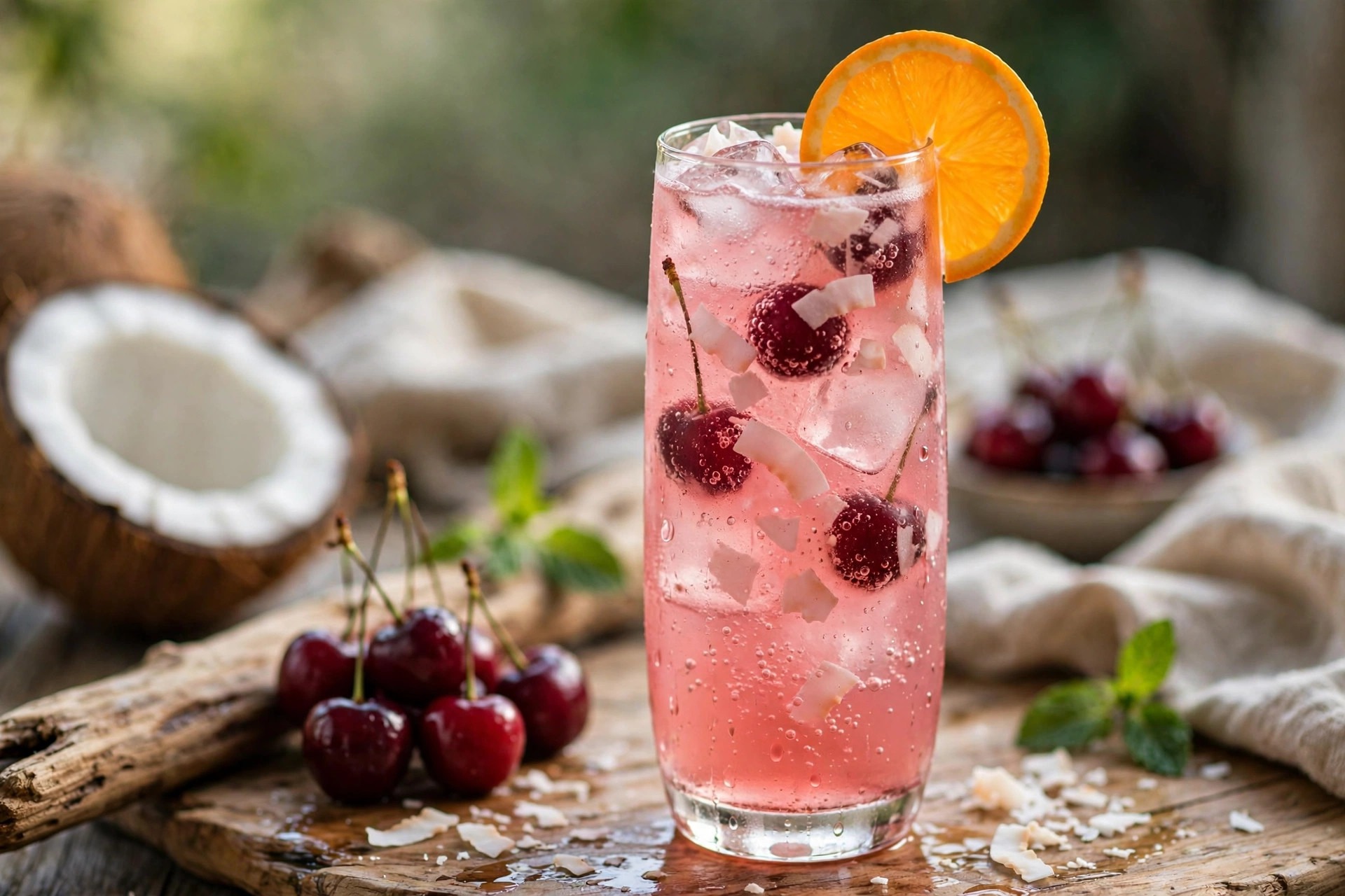 A tall glass of pink sparkling cherry and coconut mocktail with ice and an orange wheel.