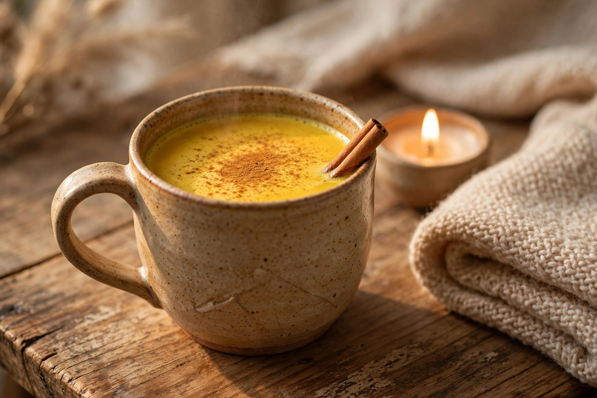 A mug of warm golden turmeric milk with a cinnamon stick beside a candle and knit blanket.