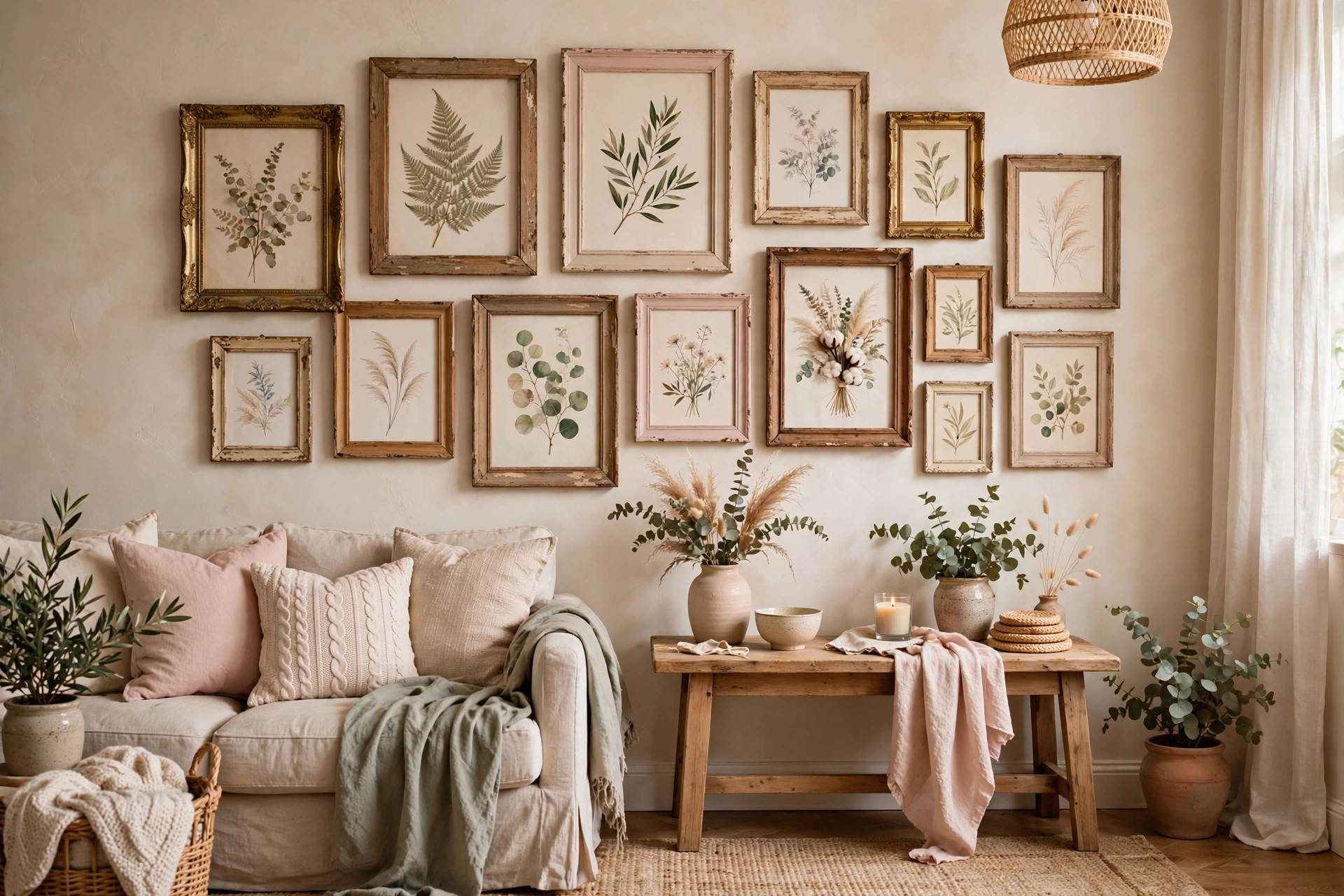 Budget cozy apartment decor: thrifted frames arranged as a gallery wall