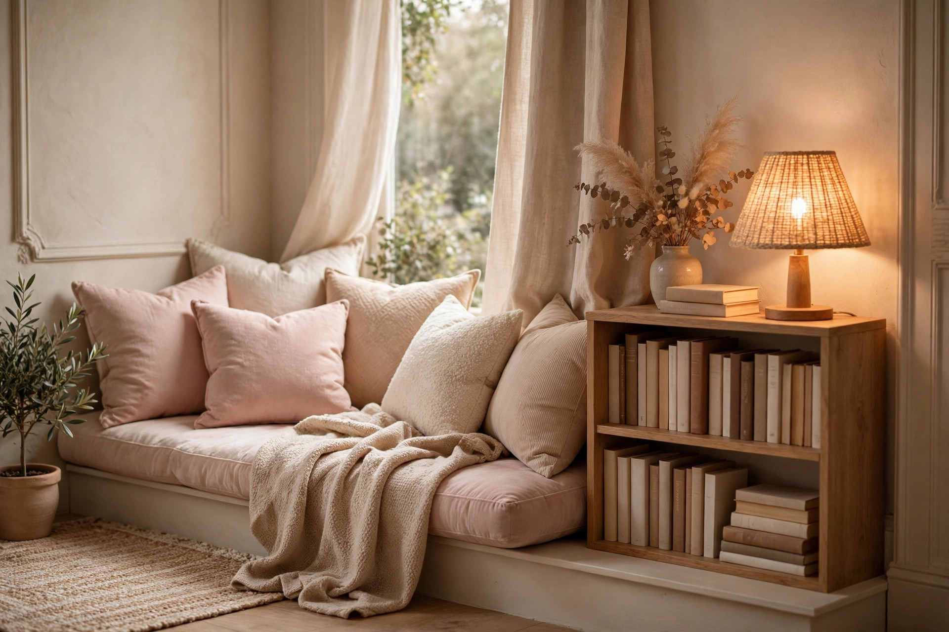 Cozy apartment reading nook ideas on a budget with cushions and warm lamp