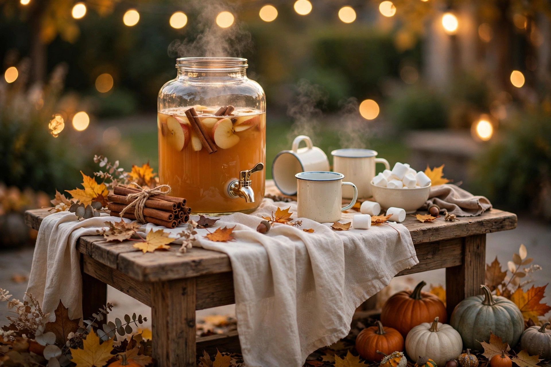 A rustic self-serve hot cider station with enamel mugs, cinnamon sticks and marshmallows arranged on a wooden table