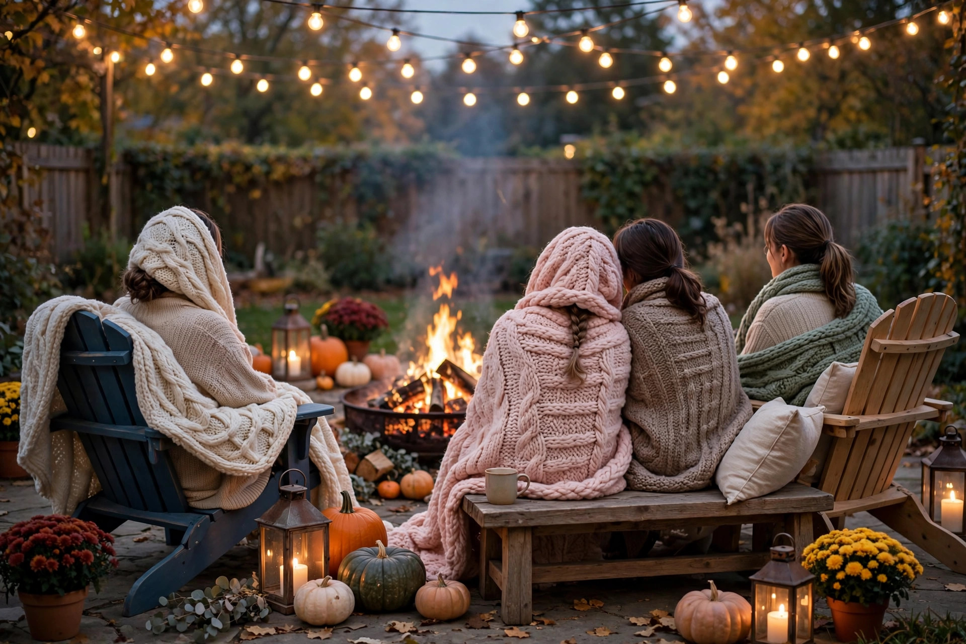 Guests wrapped in chunky knit blankets gathered around a glowing fire pit under string lights on an autumn evening