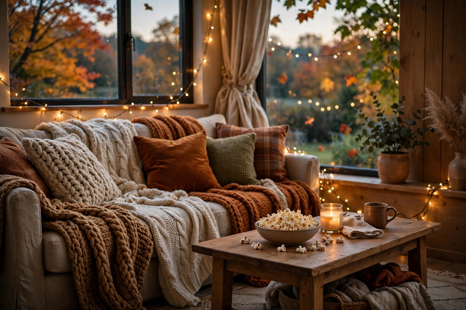 Cozy fall movie night setup with blankets, popcorn and glowing fairy lights
