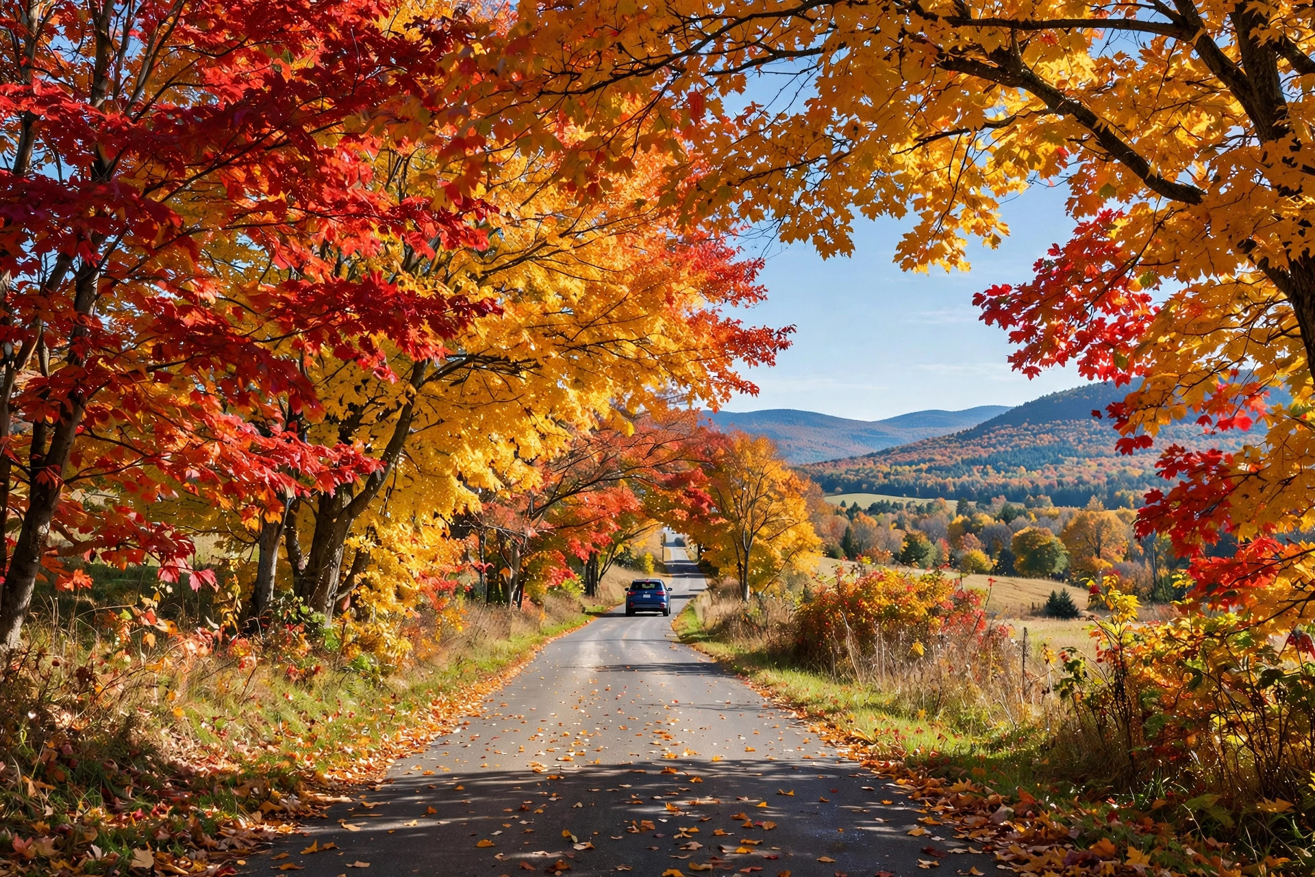 Scenic autumn country road lined with trees in red, orange and gold foliage
