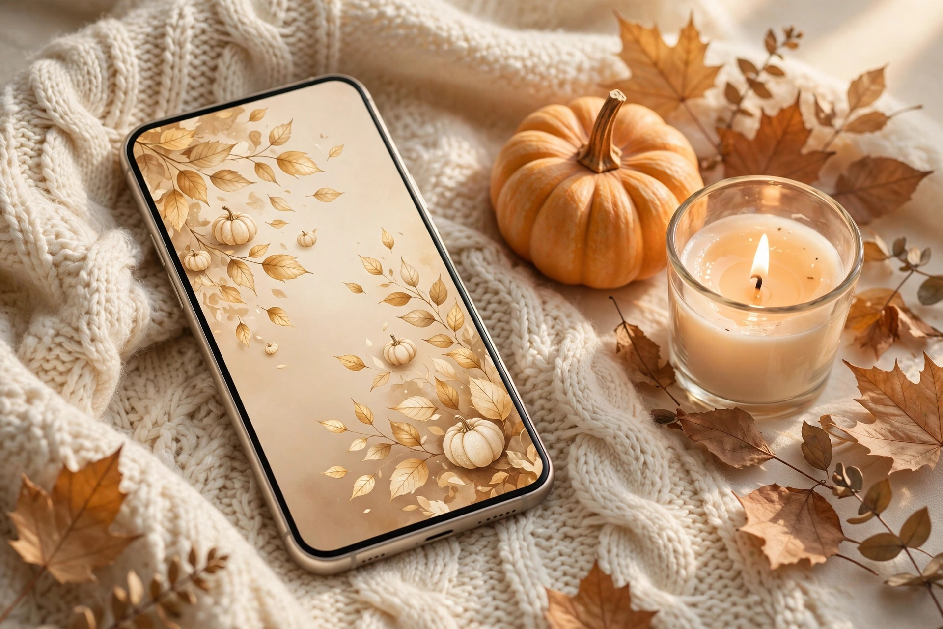 An elegant smartphone on a knit blanket showing a beautiful autumn wallpaper of golden leaves and cream pumpkins on a warm beige background