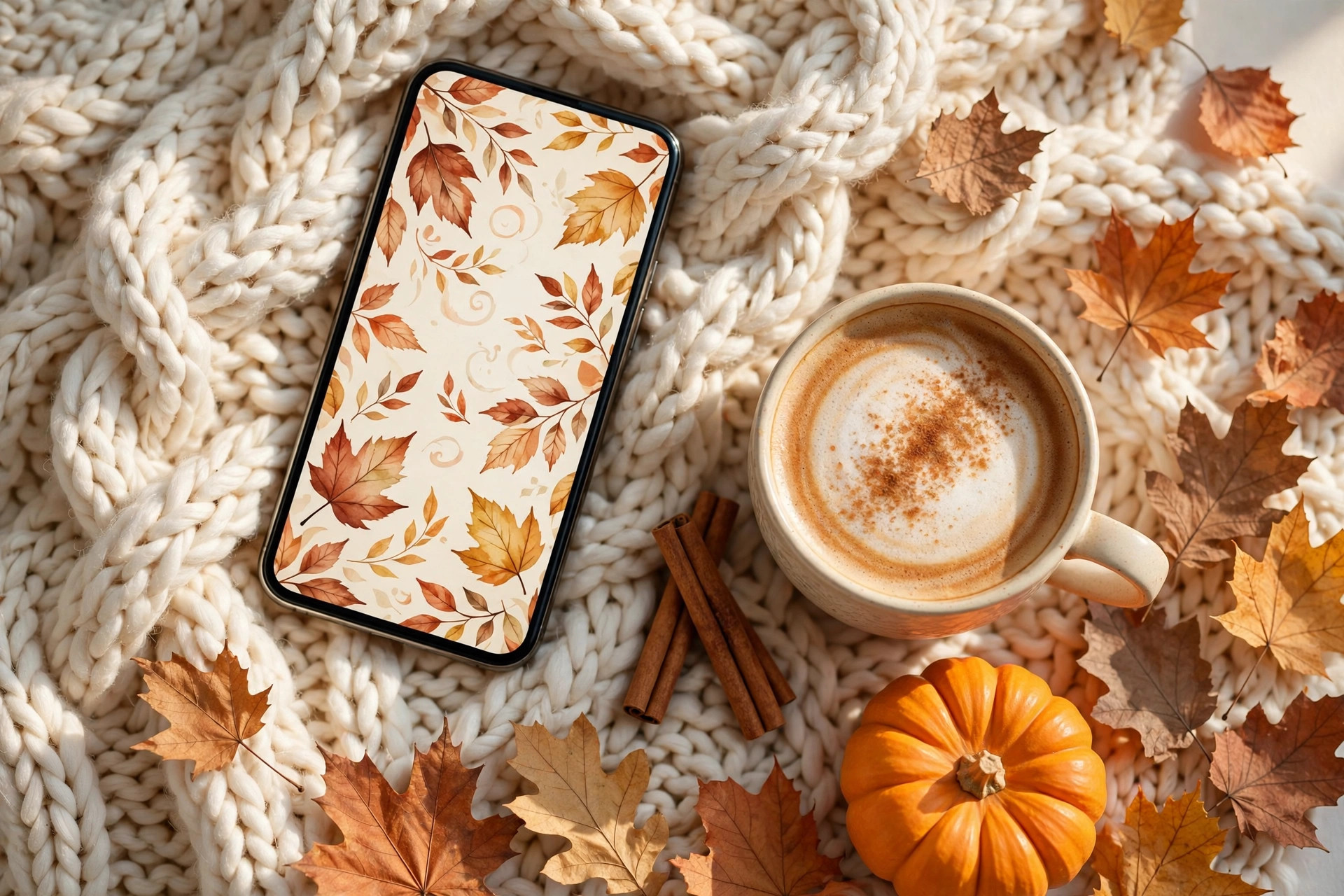A cozy flat-lay with a smartphone showing a fall leaf wallpaper, a pumpkin-spice latte, cinnamon sticks and scattered autumn leaves