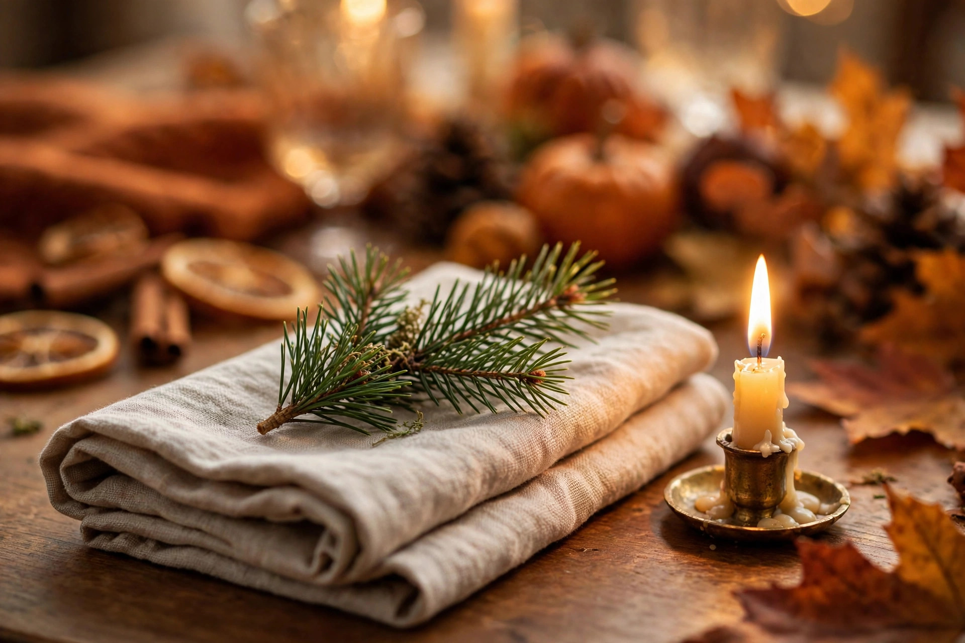 Close-up of a cozy holiday table detail with a linen napkin, pine sprig, and glowing candlelight.