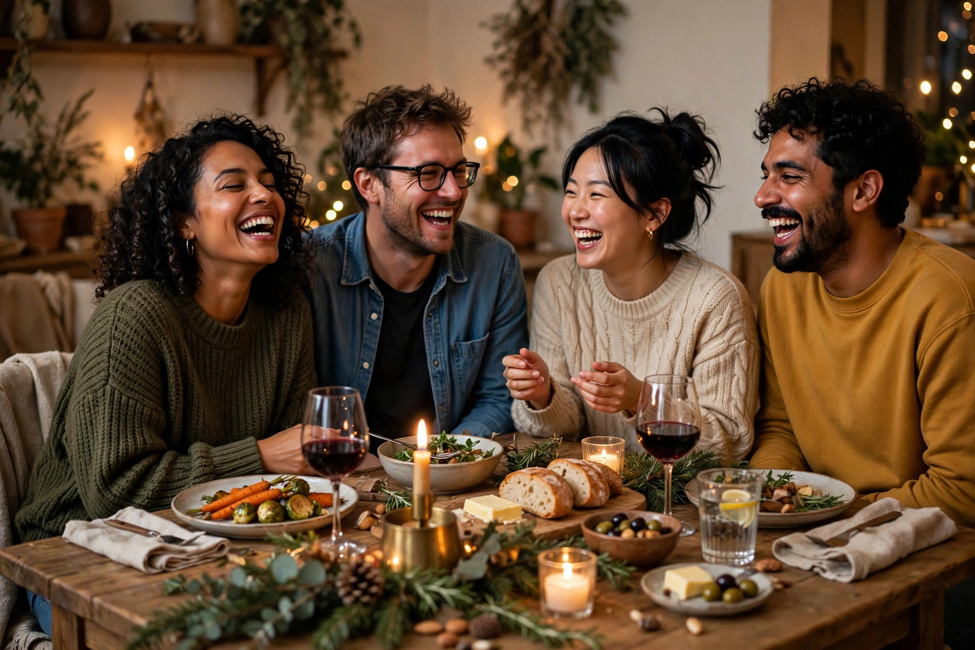 Friends laughing around a warmly lit dinner table during a cozy holiday gathering.