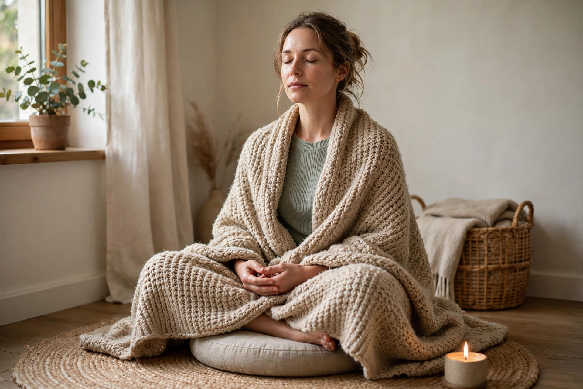 Woman sitting cross-legged on a meditation cushion in a quiet home corner, eyes closed, wrapped in a soft blanket
