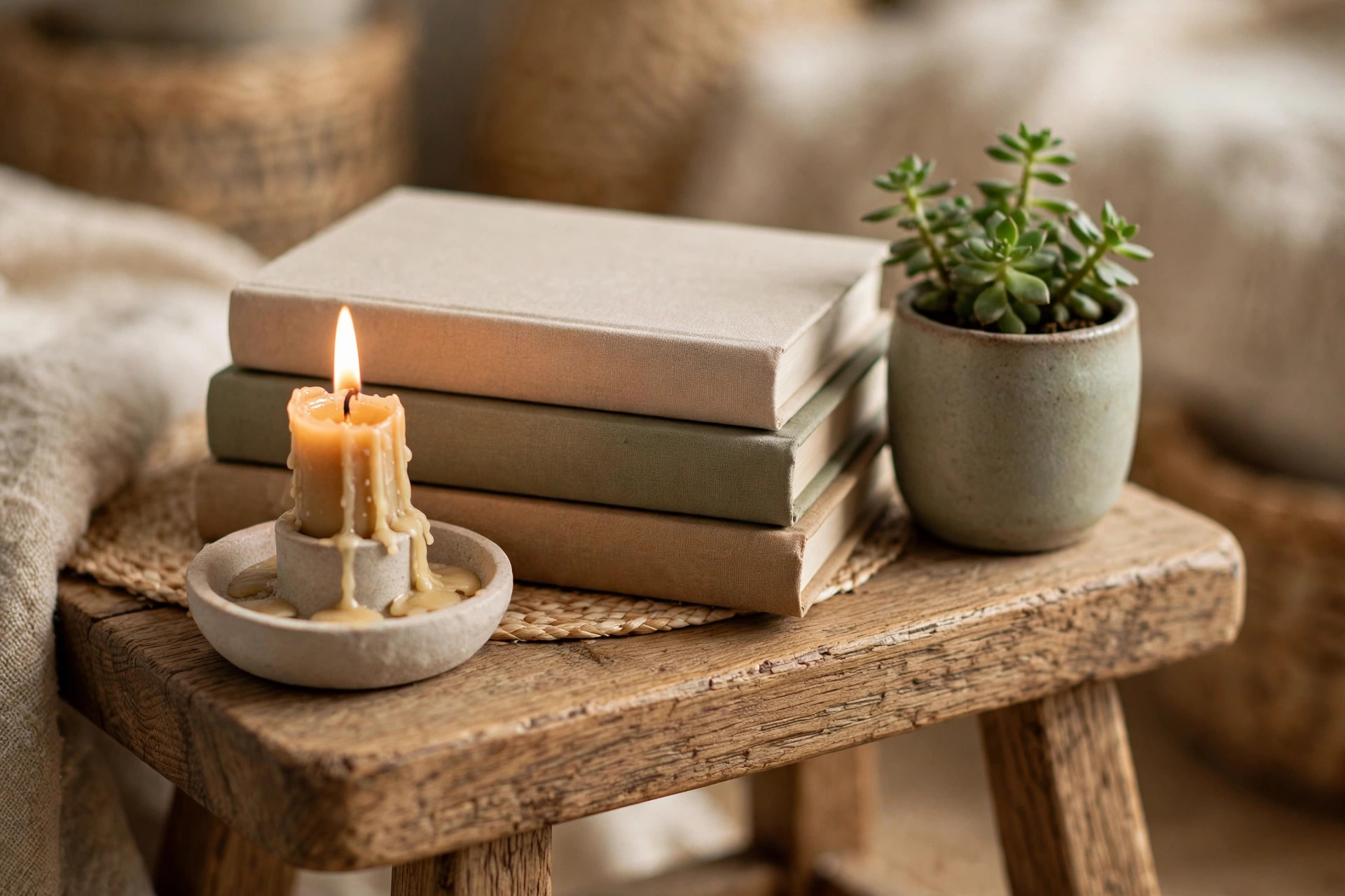 Close-up of a meditation corner detail with a lit candle, a small green plant, and stacked books on a wooden stool