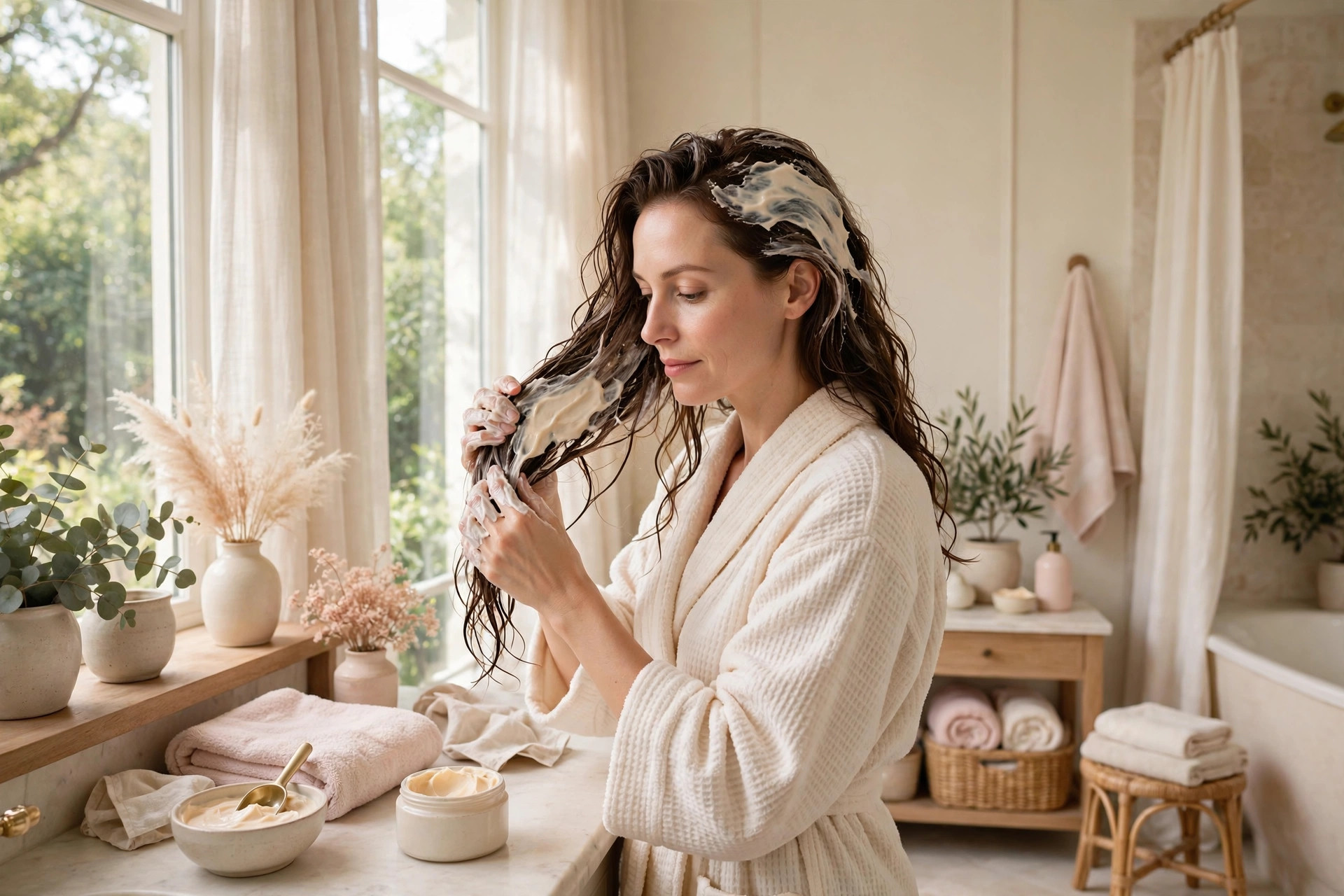 Woman applying a hair mask in a bright bathroom, DIY hair masks from your kitchen
