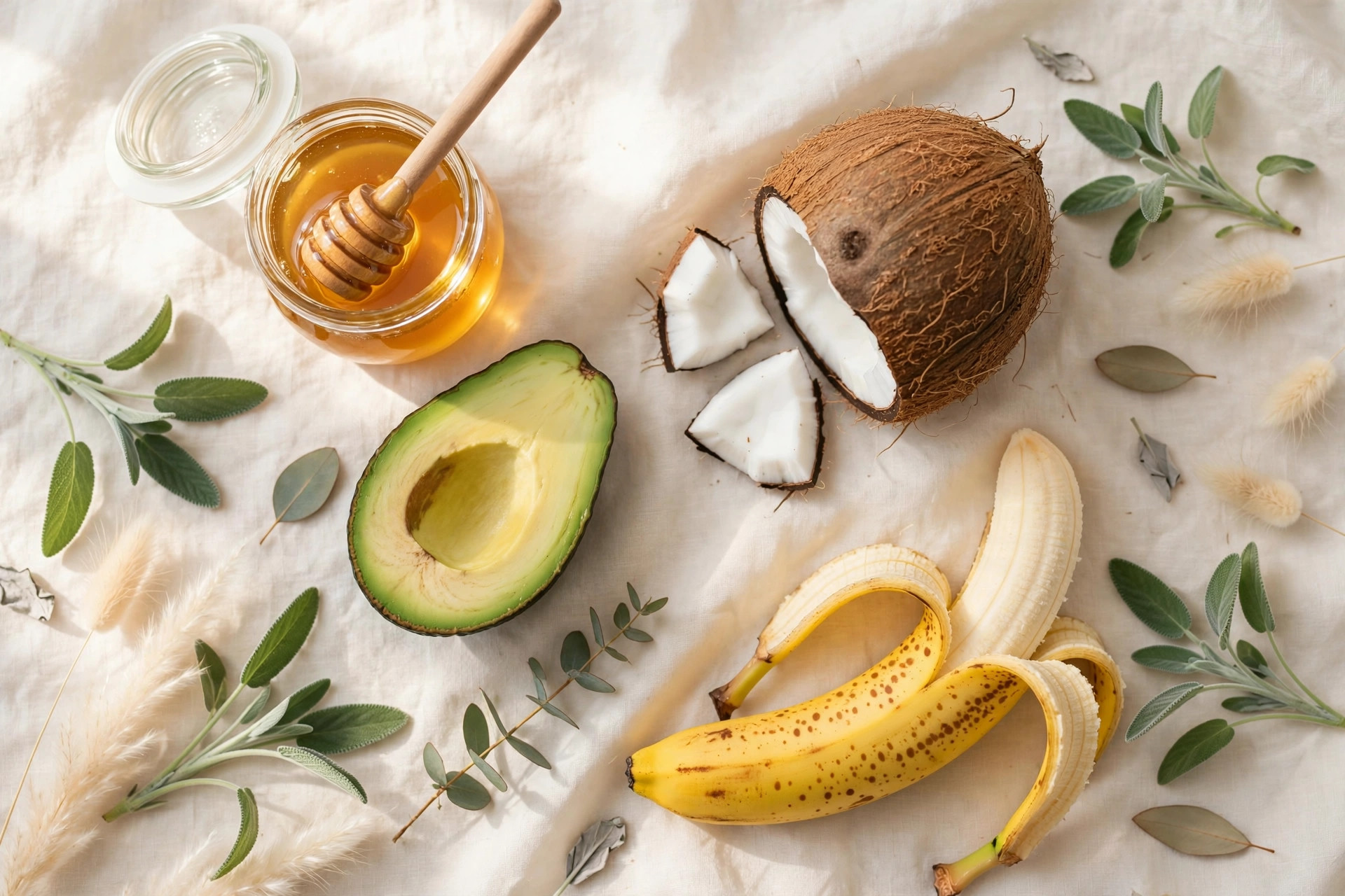 Kitchen ingredients flat lay on cream linen, DIY hair masks from your kitchen