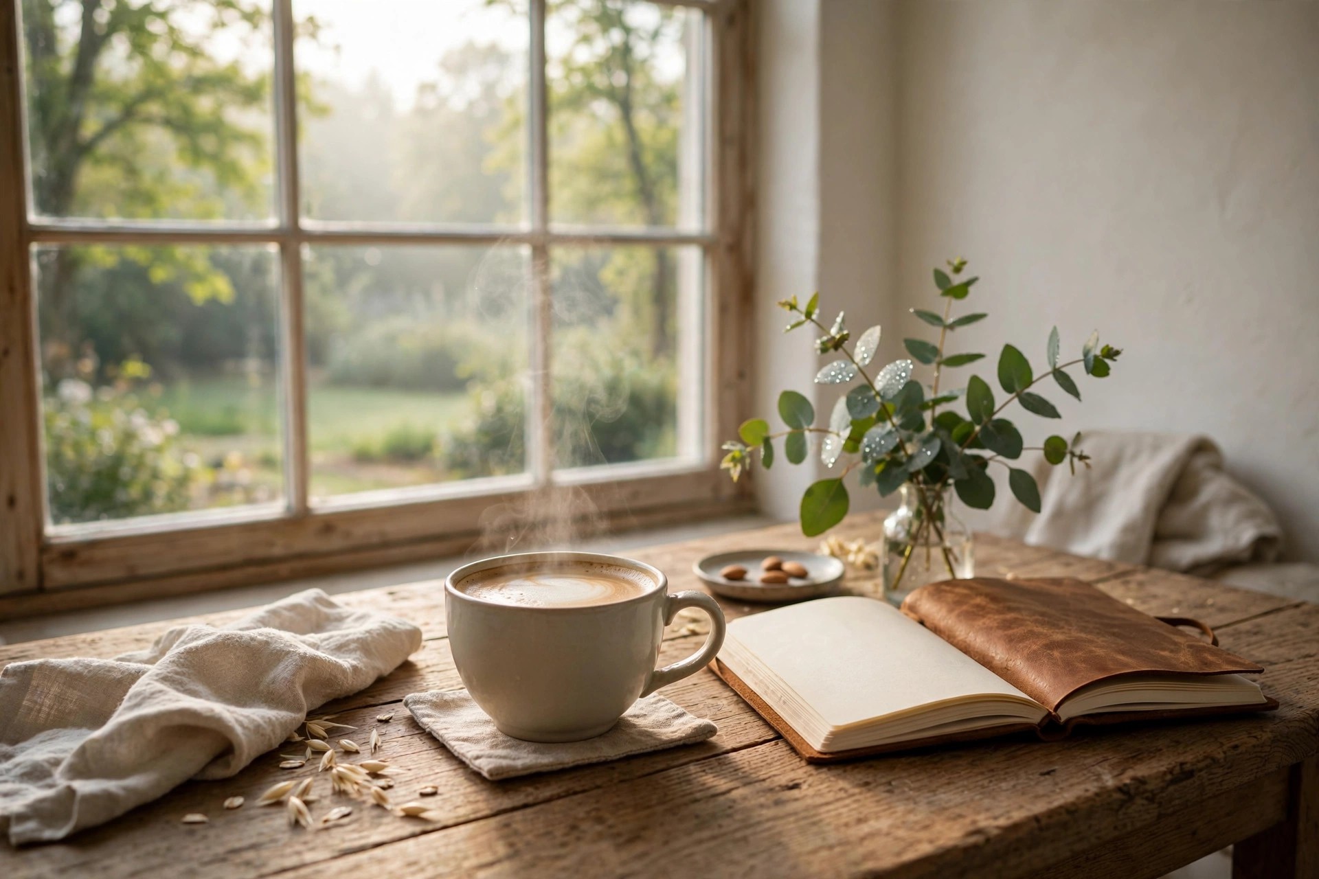 Peaceful morning coffee by a bright window with an open journal nearby, an unhurried start to the day.