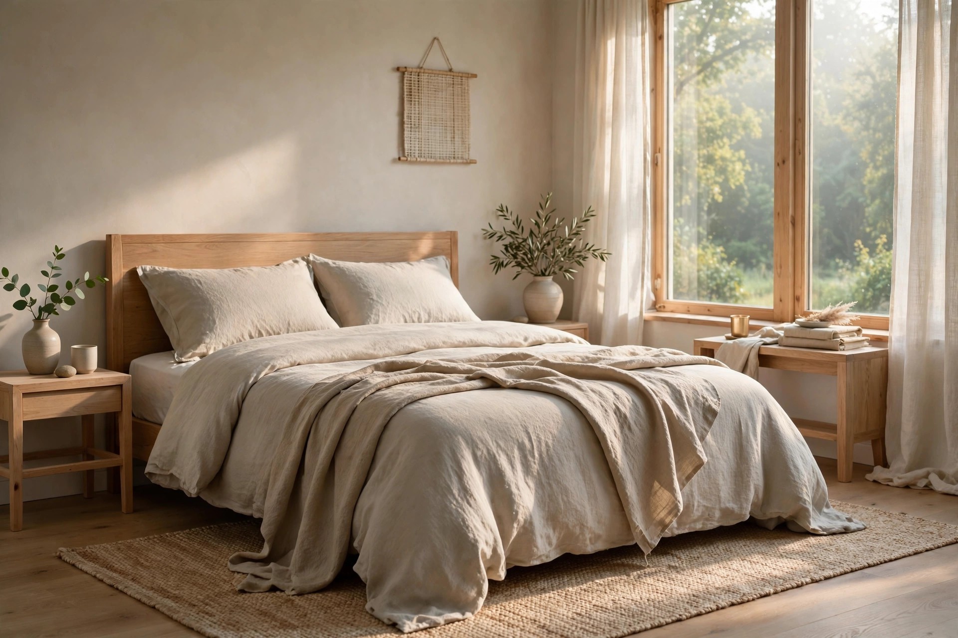 Serene bedroom in soft morning light with a made bed and linen bedding.