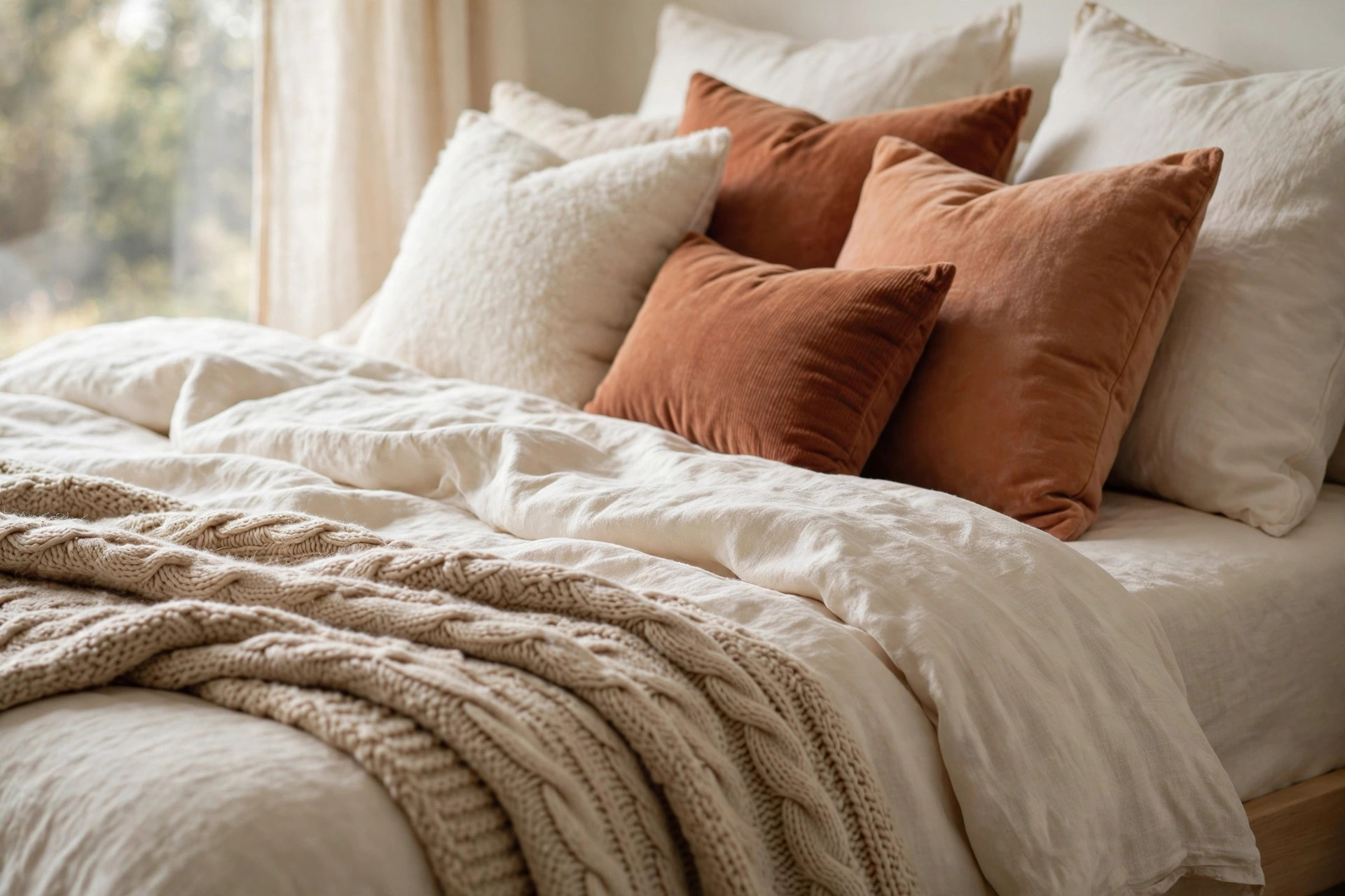 Close-up of a cozy bed with a chunky knit throw blanket and plush pillows in warm tones