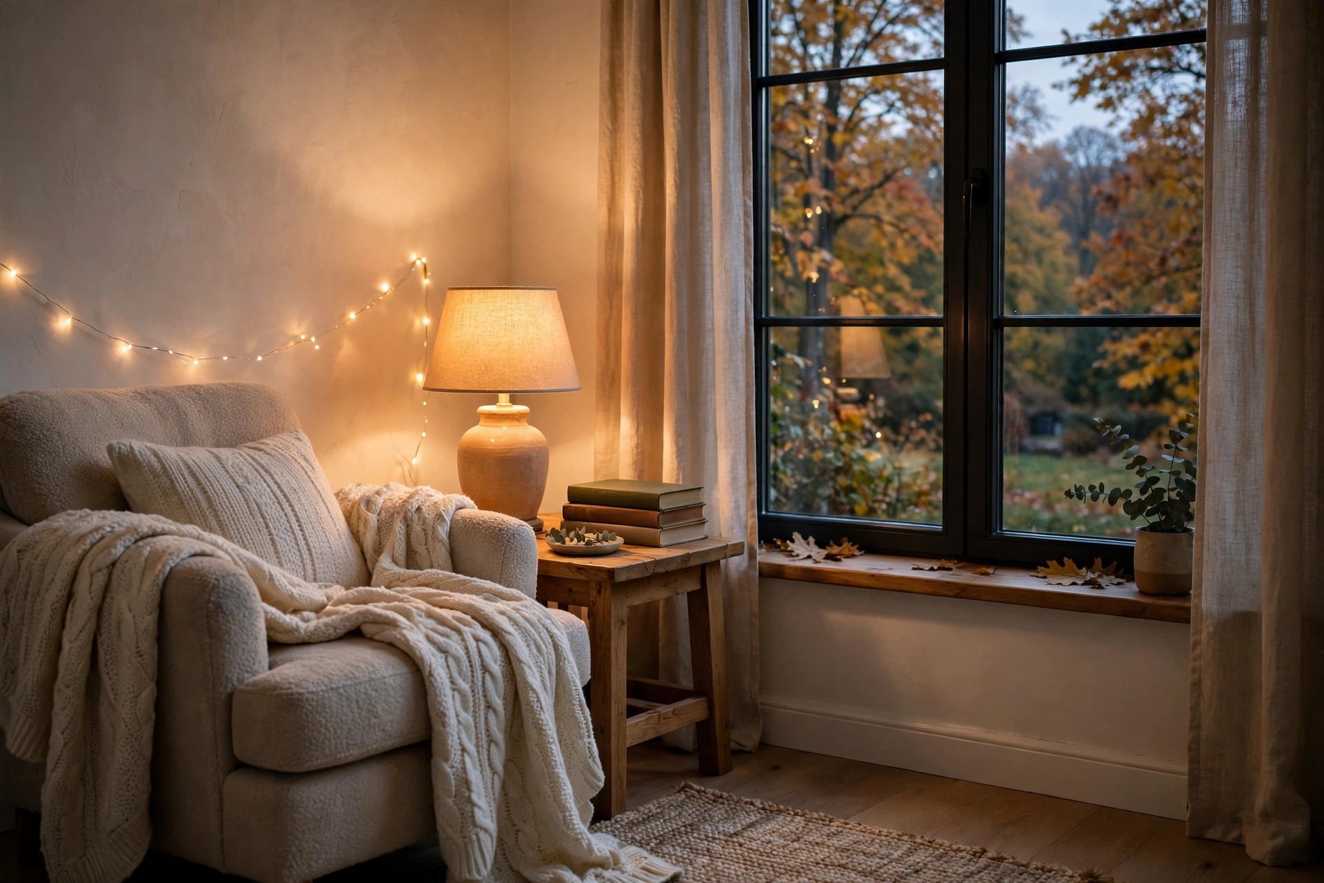 Cozy bedroom reading nook with an armchair, warm lamp, books and fairy lights