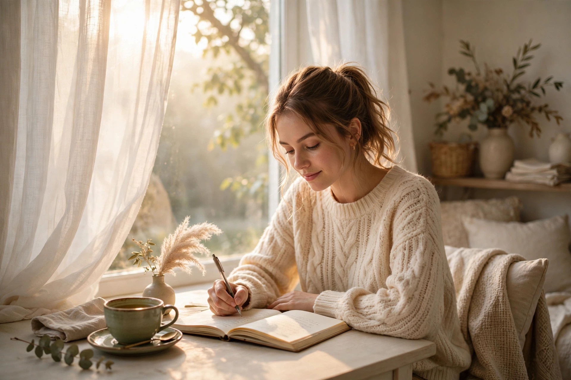 Emily Clark writing at her desk