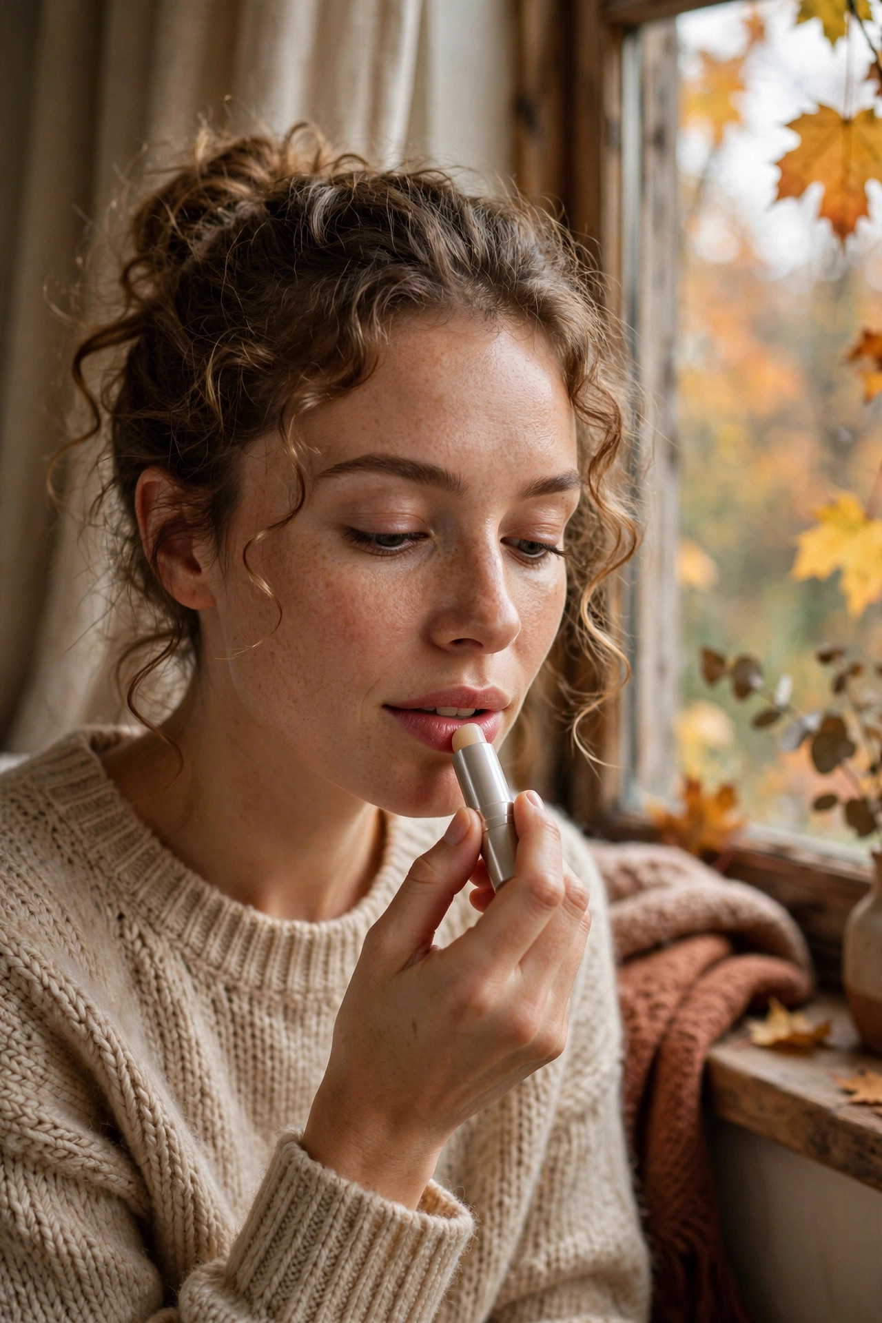 Woman applying lip balm to her lips in a cozy autumn setting with soft window light