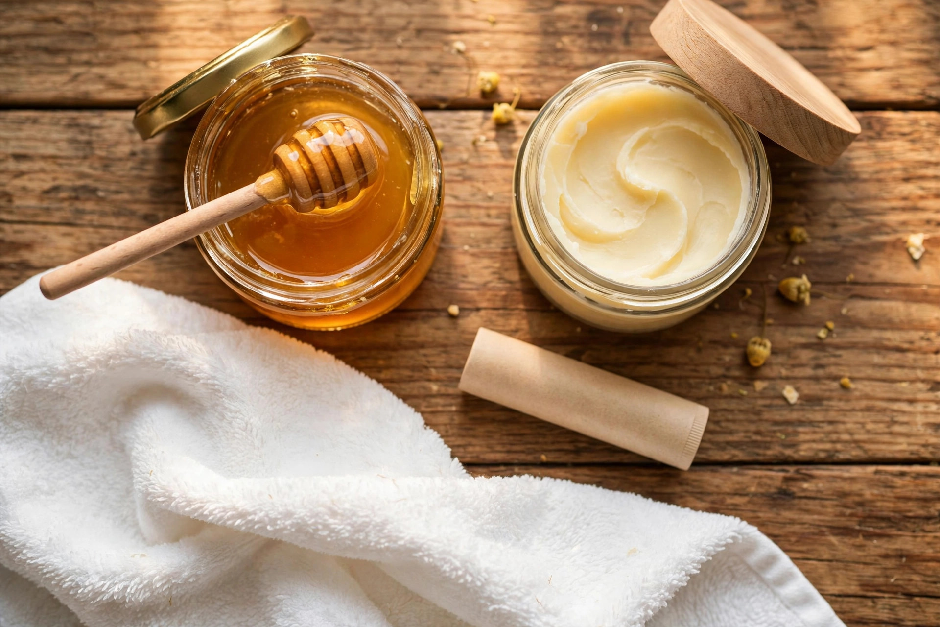Flat-lay of natural lip care items including honey, shea butter, a plain lip balm tube and a soft white towel on a wooden table