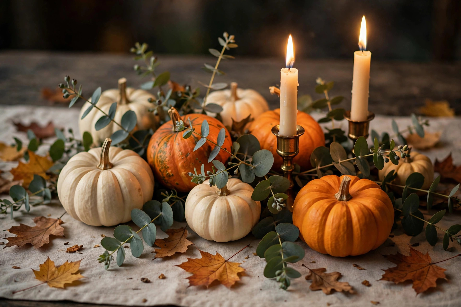 Close-up of a fall table centerpiece with mini pumpkins, eucalyptus and lit taper candles