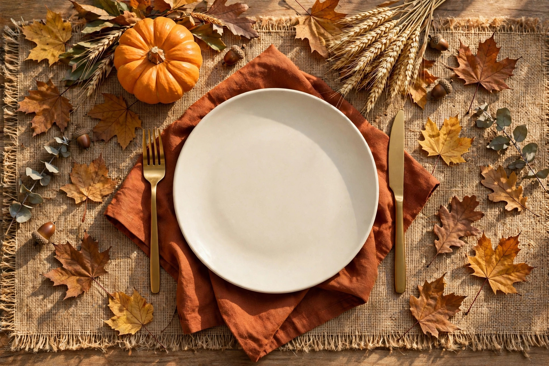 Overhead view of an elegant fall place setting with a pumpkin, wheat sprigs and gold flatware