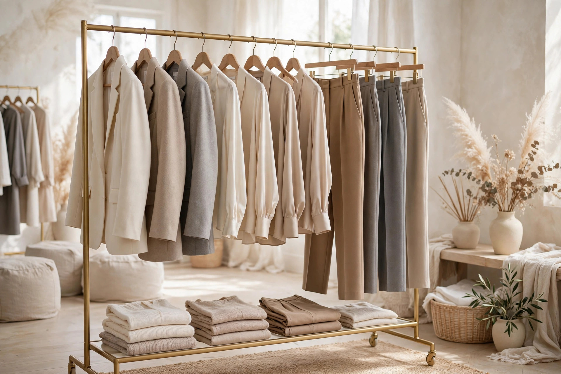 Work wardrobe rack in neutral tones, elegant work outfit ideas