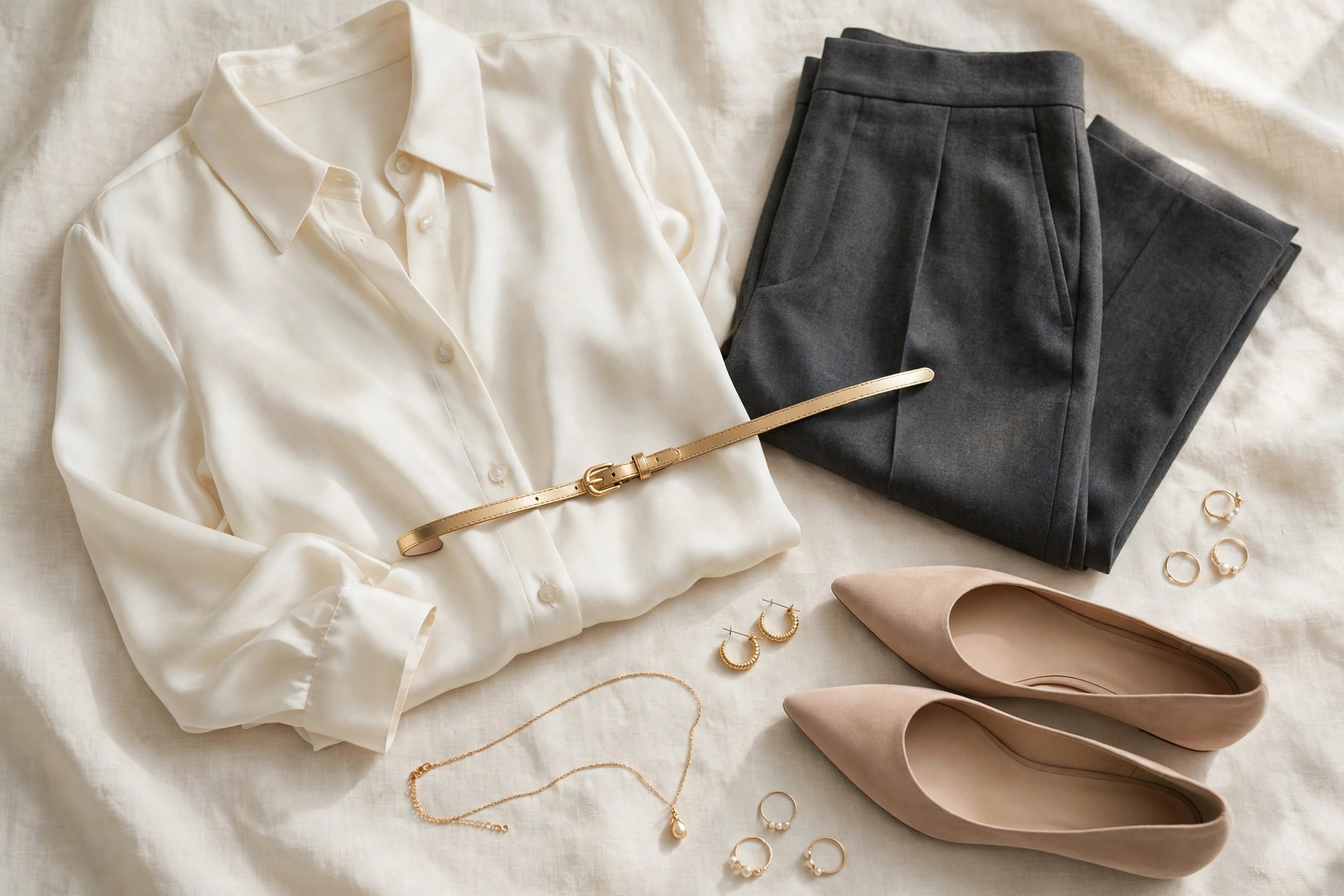 Silk blouse and tailored trousers in a flat lay, elegant work outfit ideas